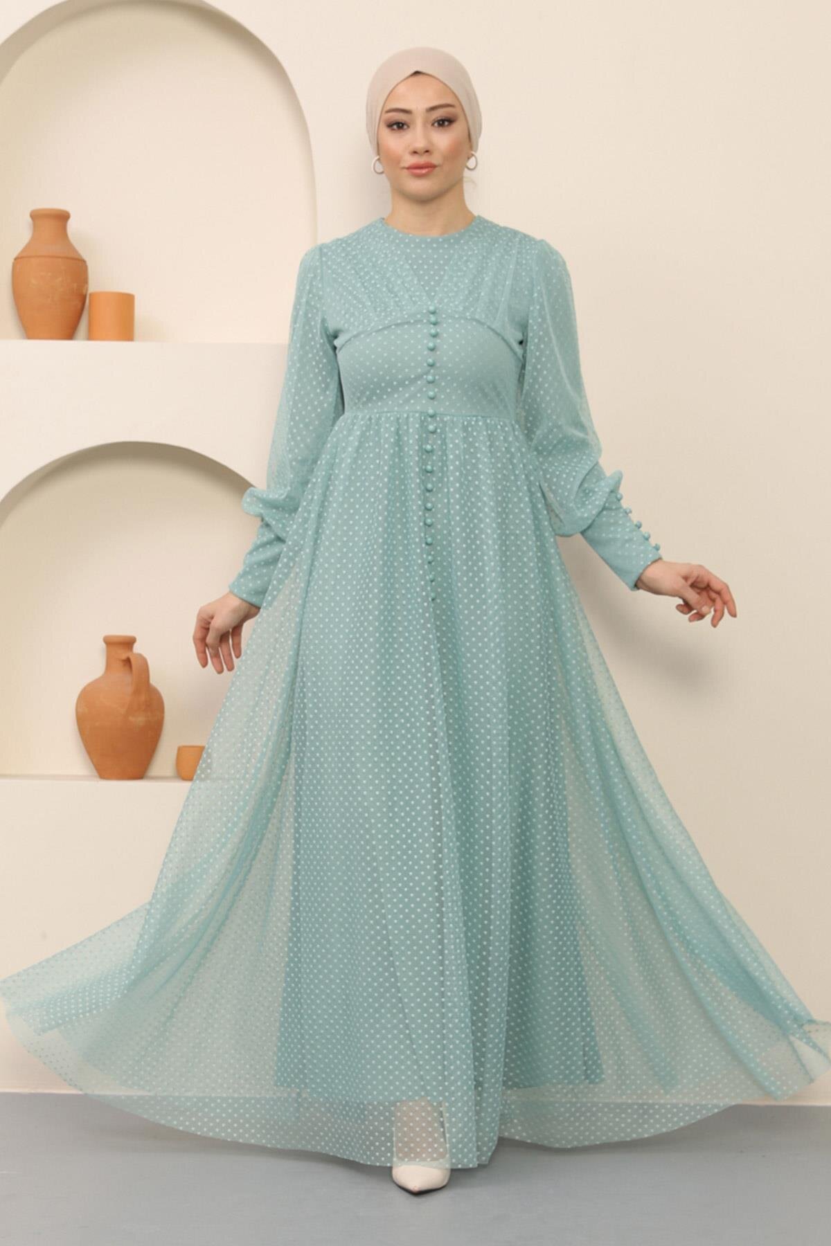 Mint Düğme Detaylı Tül Tesettür Abiye Elbise - Modamihram