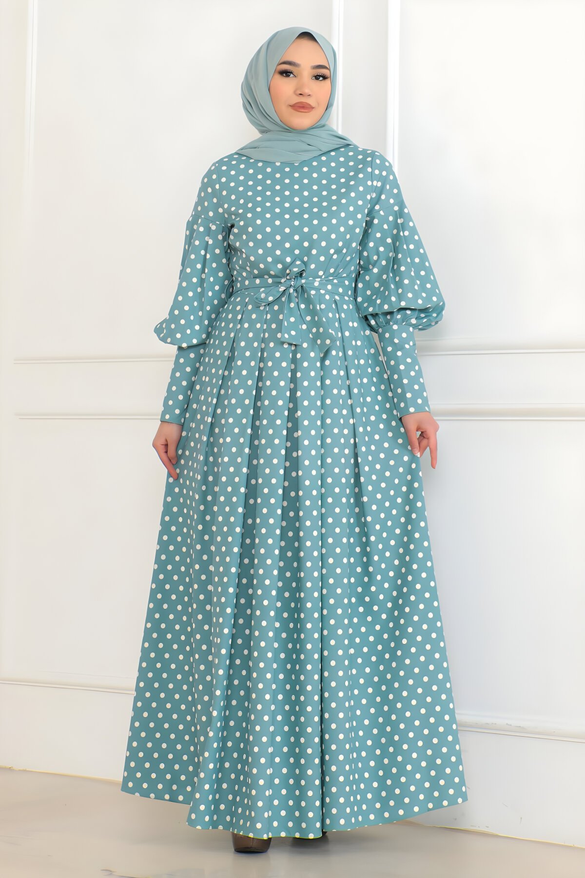Modest Polka Dot Belted Dress - Mint - Modamihram