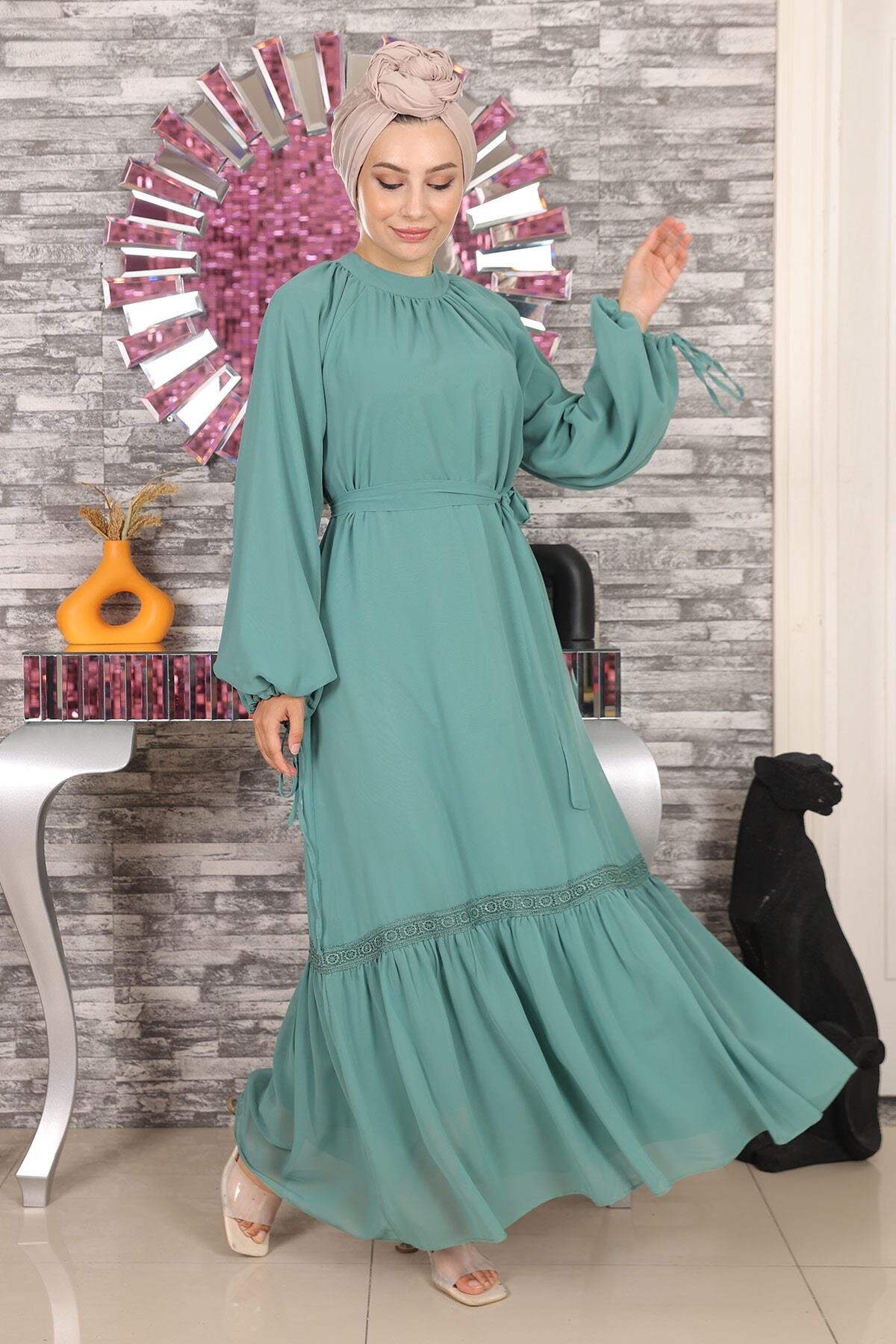Modest Chiffon Lace-Detail Evening Dress - Mint - Modamihram