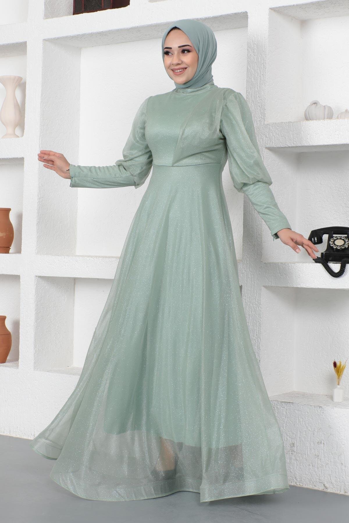 Mint Simli Manşeti Fermuar Detaylı Tesettür Abiye Elbise - Modamihram