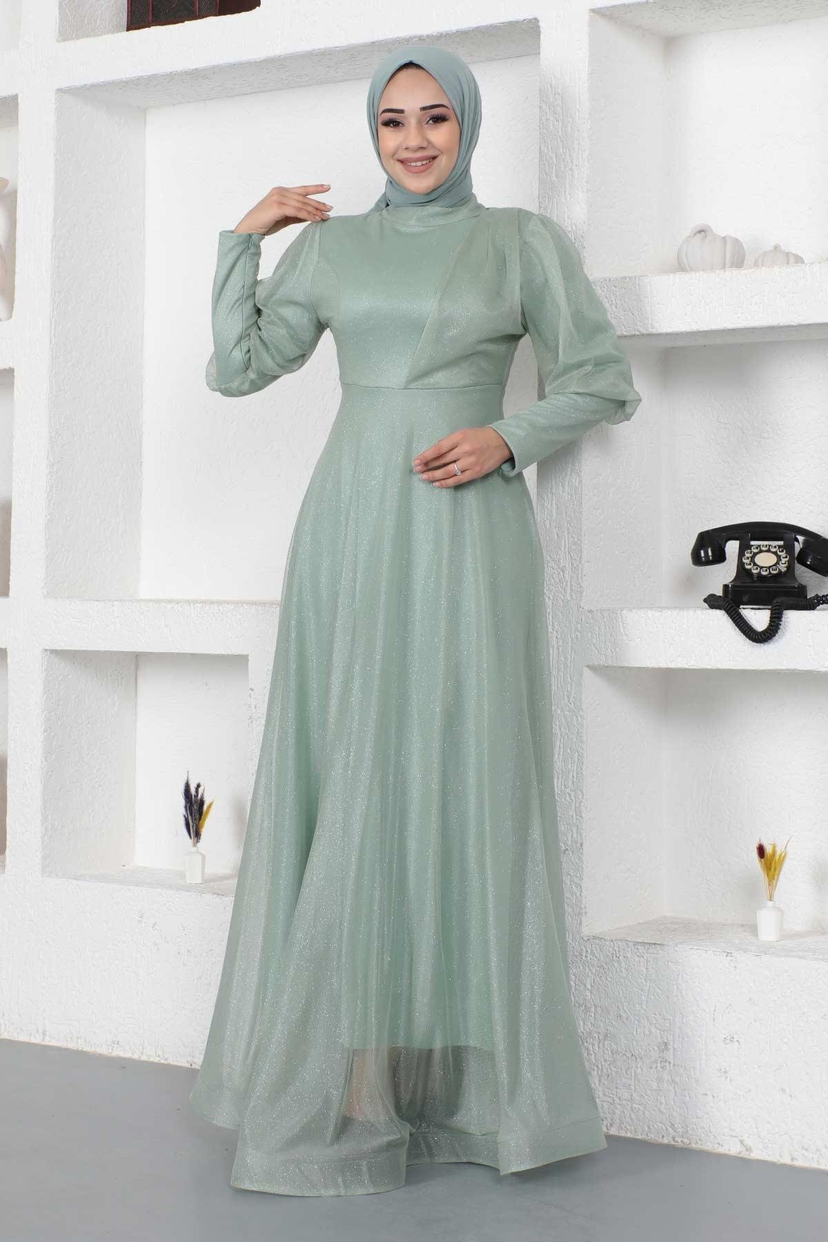 Modest Shimmering Glitter Cuffed Zipper-Detail Evening Dress - Mint - Modamihram