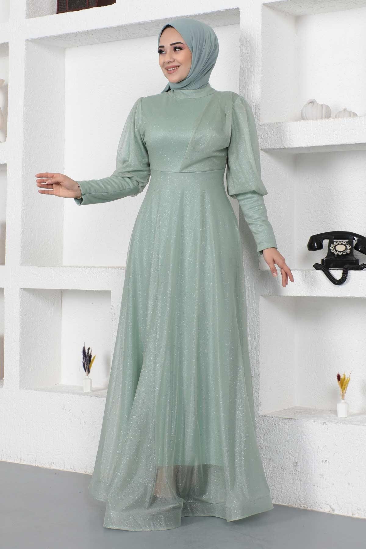Modest Shimmering Glitter Cuffed Zipper-Detail Evening Dress - Mint - Modamihram
