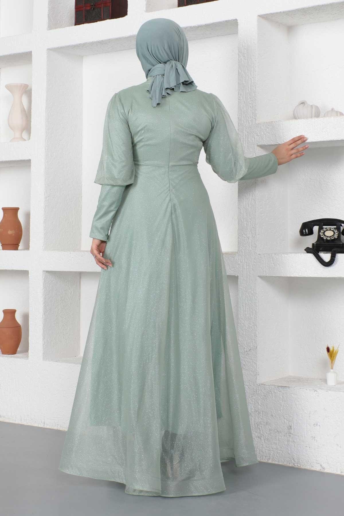 Modest Shimmering Glitter Cuffed Zipper-Detail Evening Dress - Mint - Modamihram
