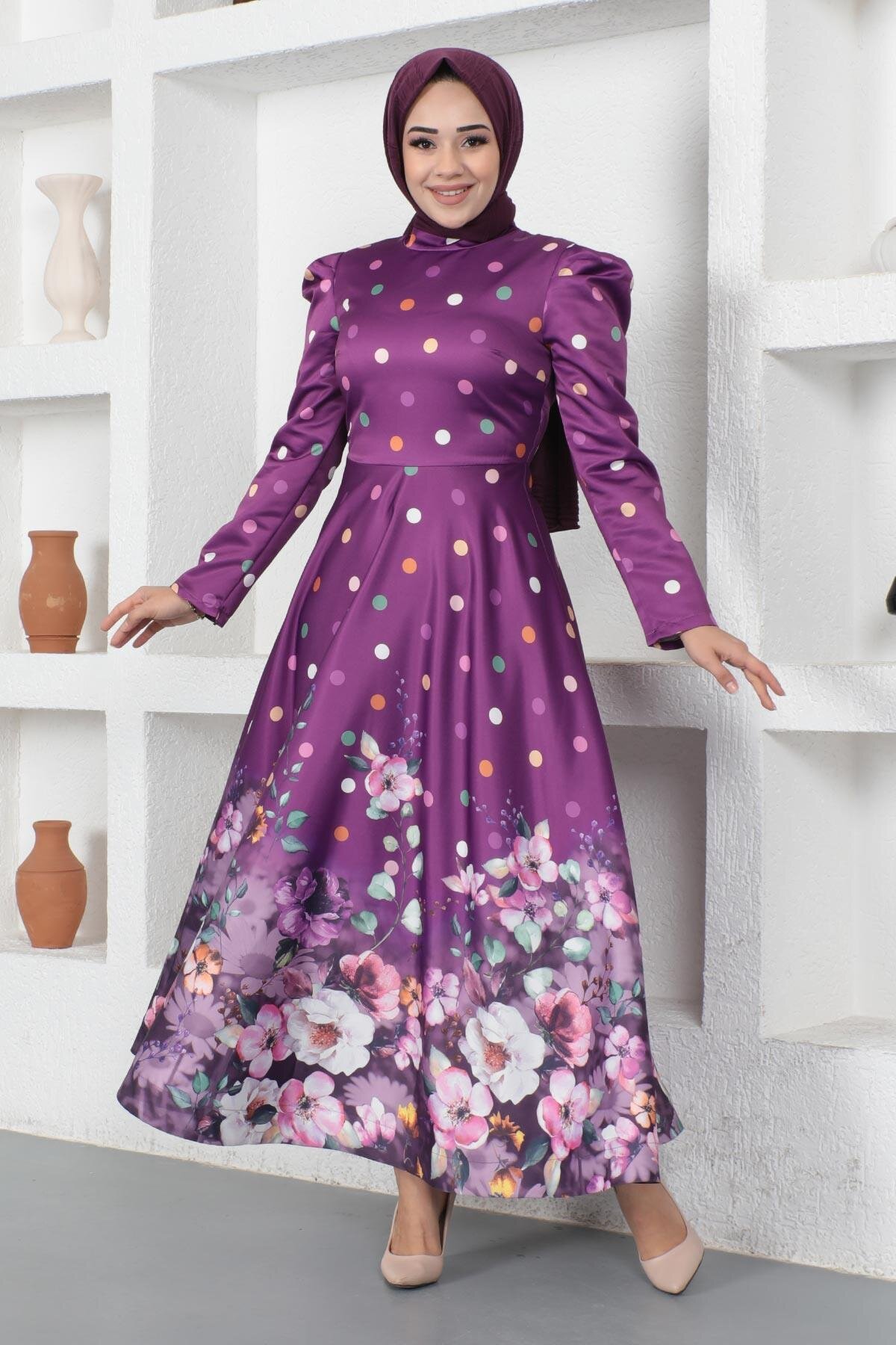 Mürdüm Çiçekli Puantiyeli Saten Tesettür Abiye Elbise - Modamihram