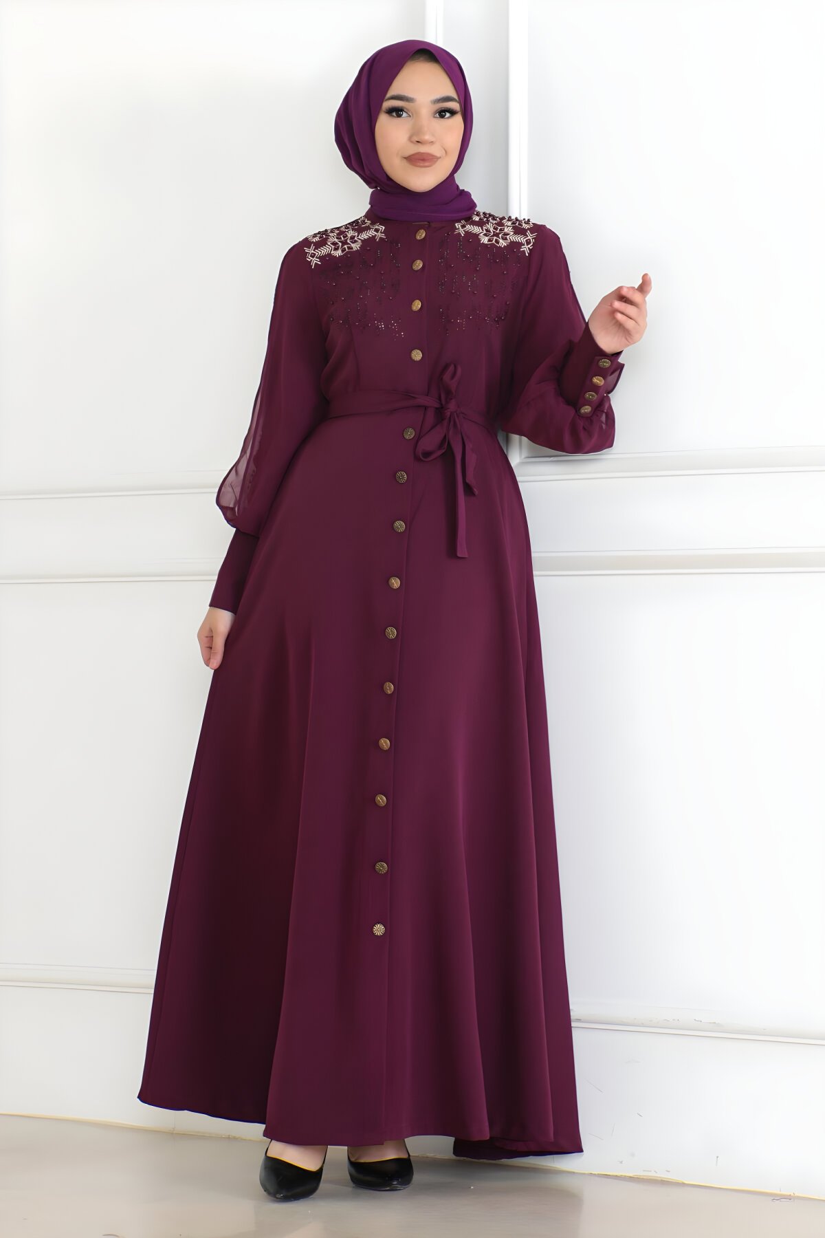 Modest Button-Detail Dress - Plum - Modamihram