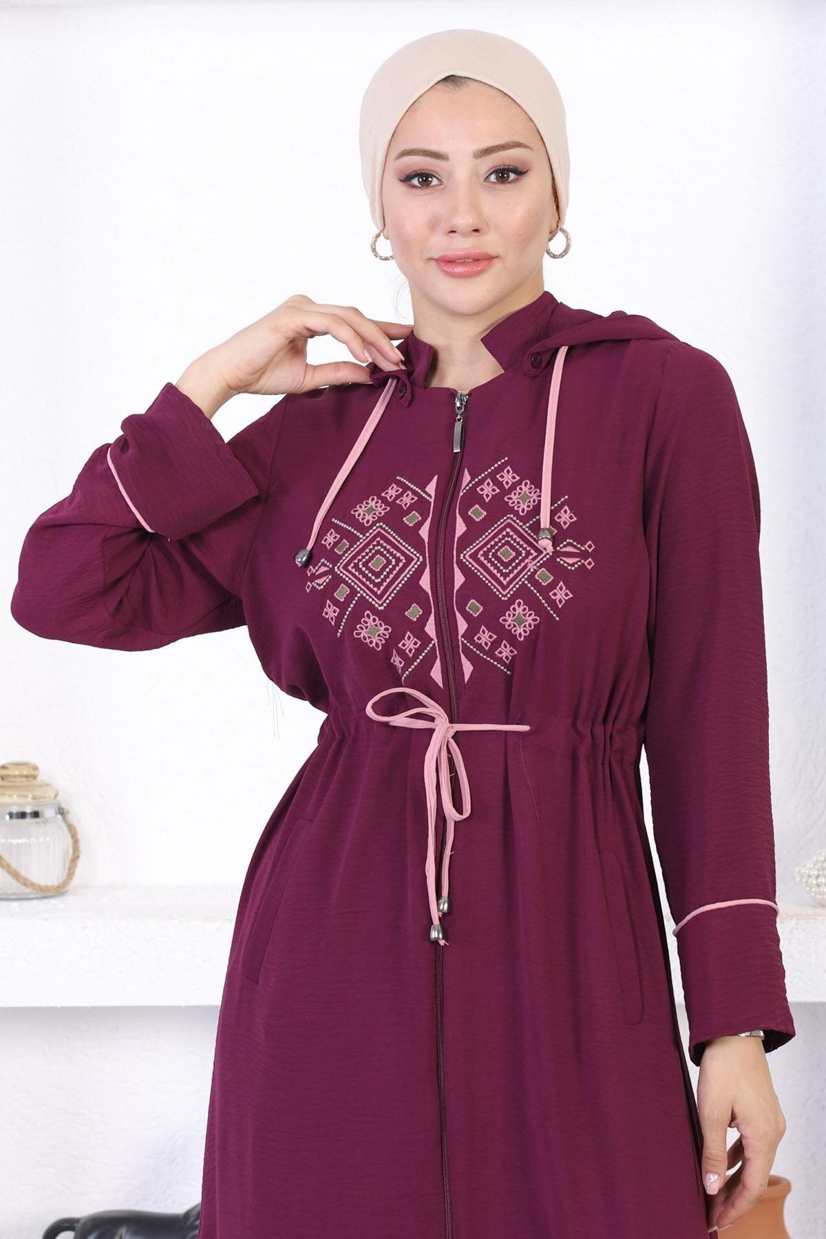 Hooded Embroidered Abaya - Plum - Modamihram