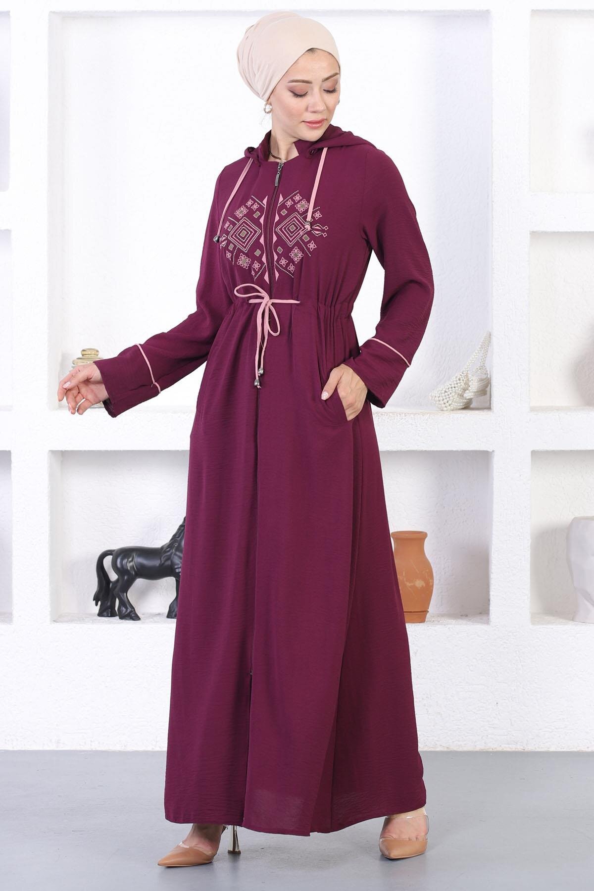 Hooded Embroidered Abaya - Plum - Modamihram