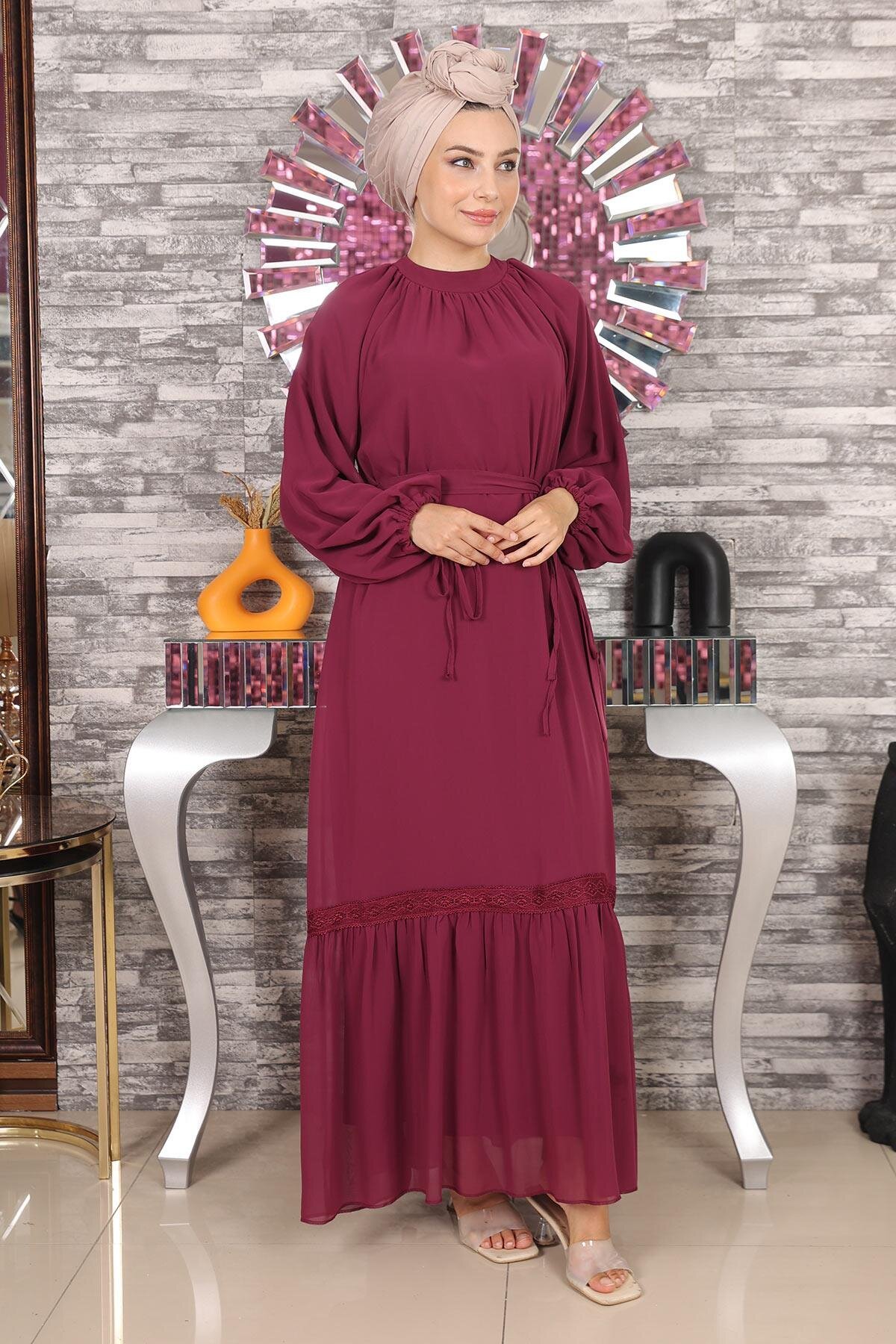 Modest Chiffon Lace Detail Evening Dress - Plum - Modamihram