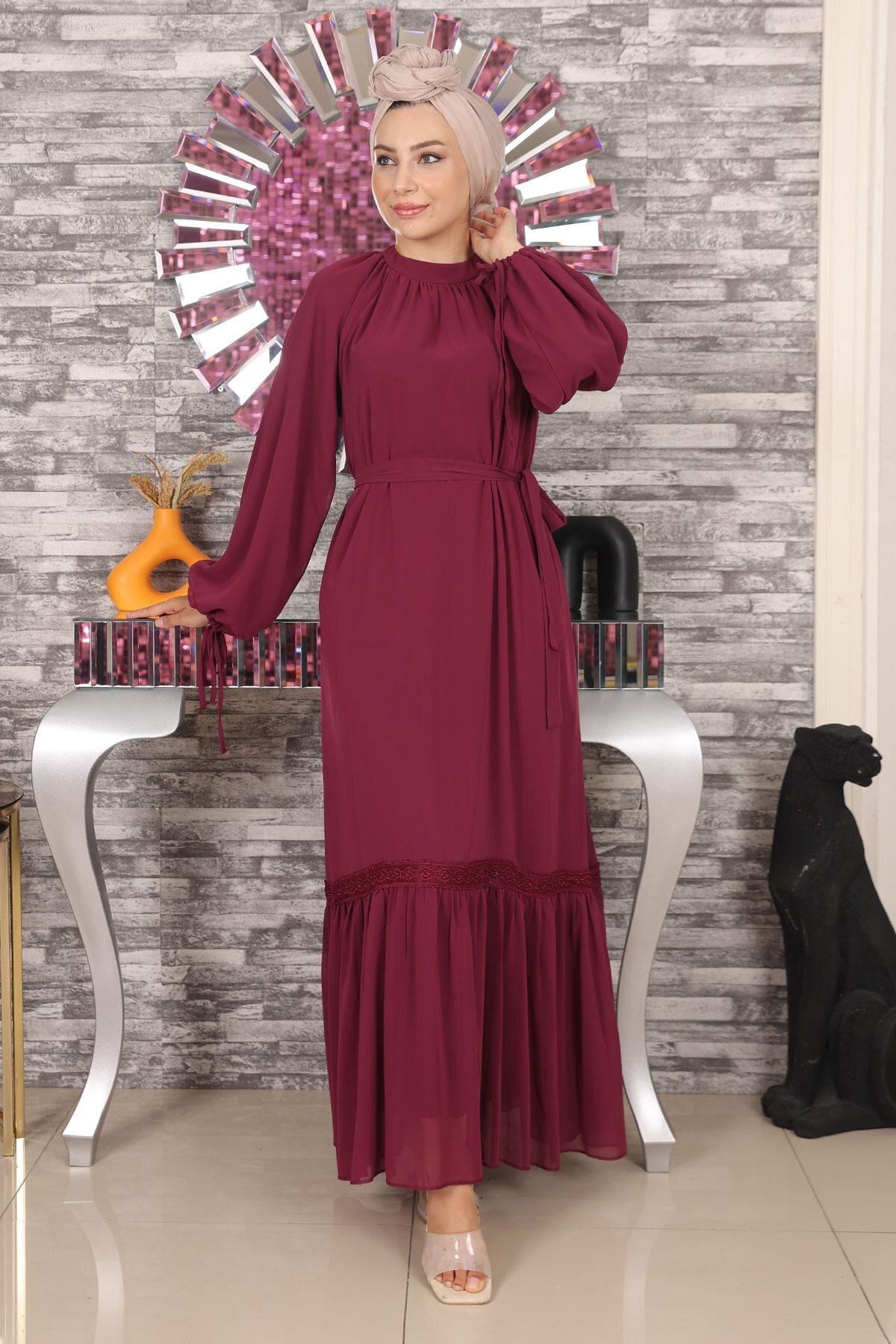 Modest Chiffon Lace Detail Evening Dress - Plum - Modamihram