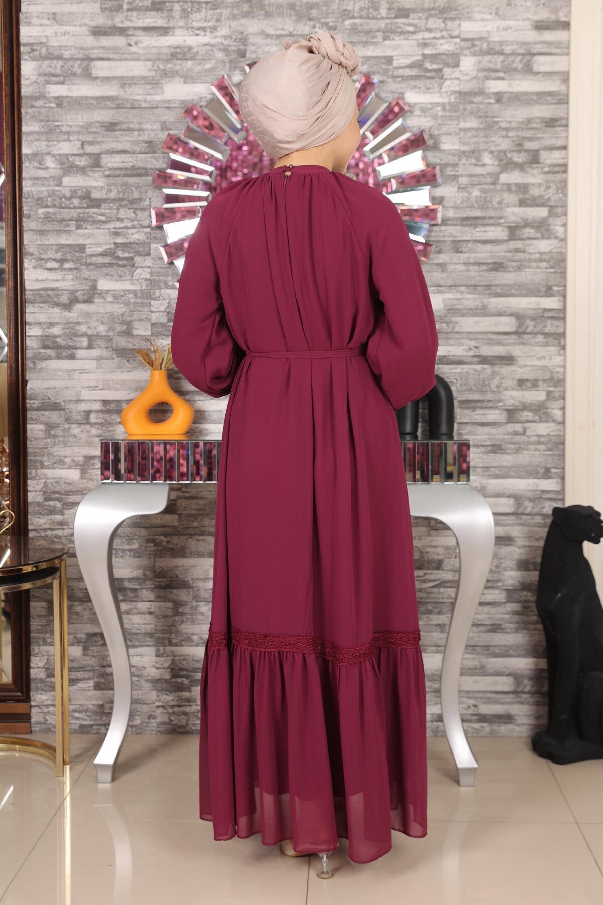 Modest Chiffon Lace Detail Evening Dress - Plum - Modamihram