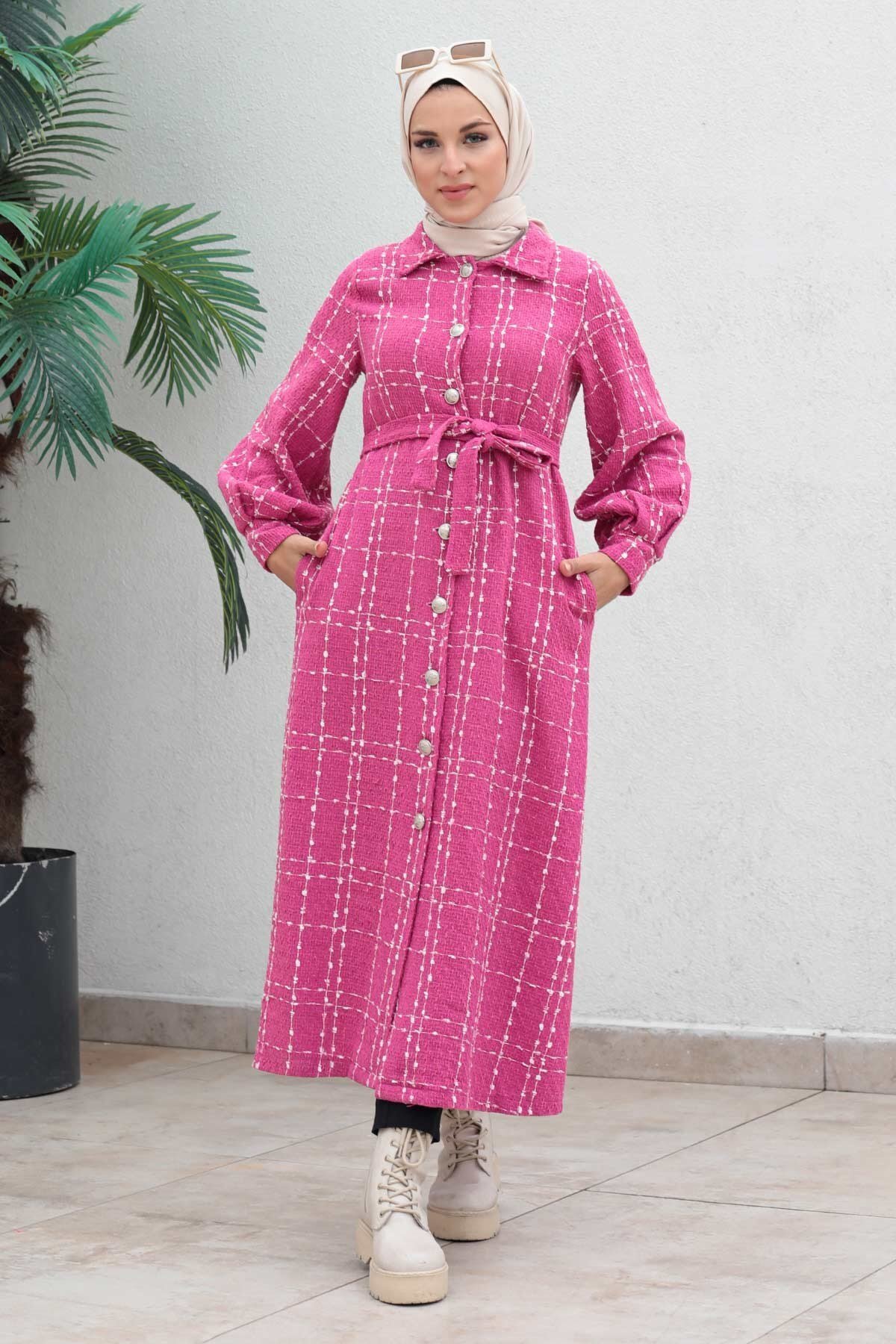Melton Buttoned Coat - Pink - Modamihram