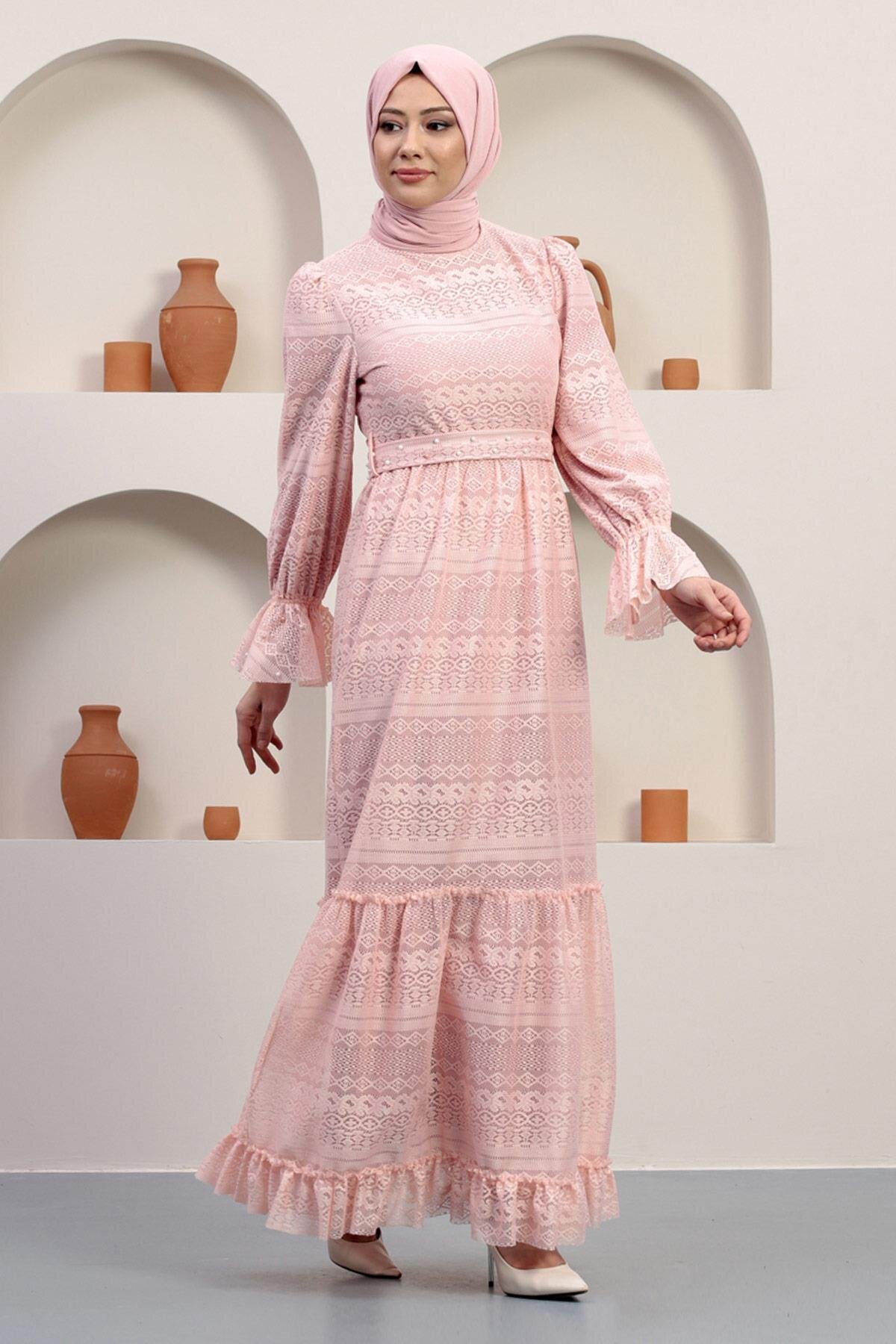 Pudra Dantel İnci Detaylı Tesettür Abiye Elbise - Modamihram