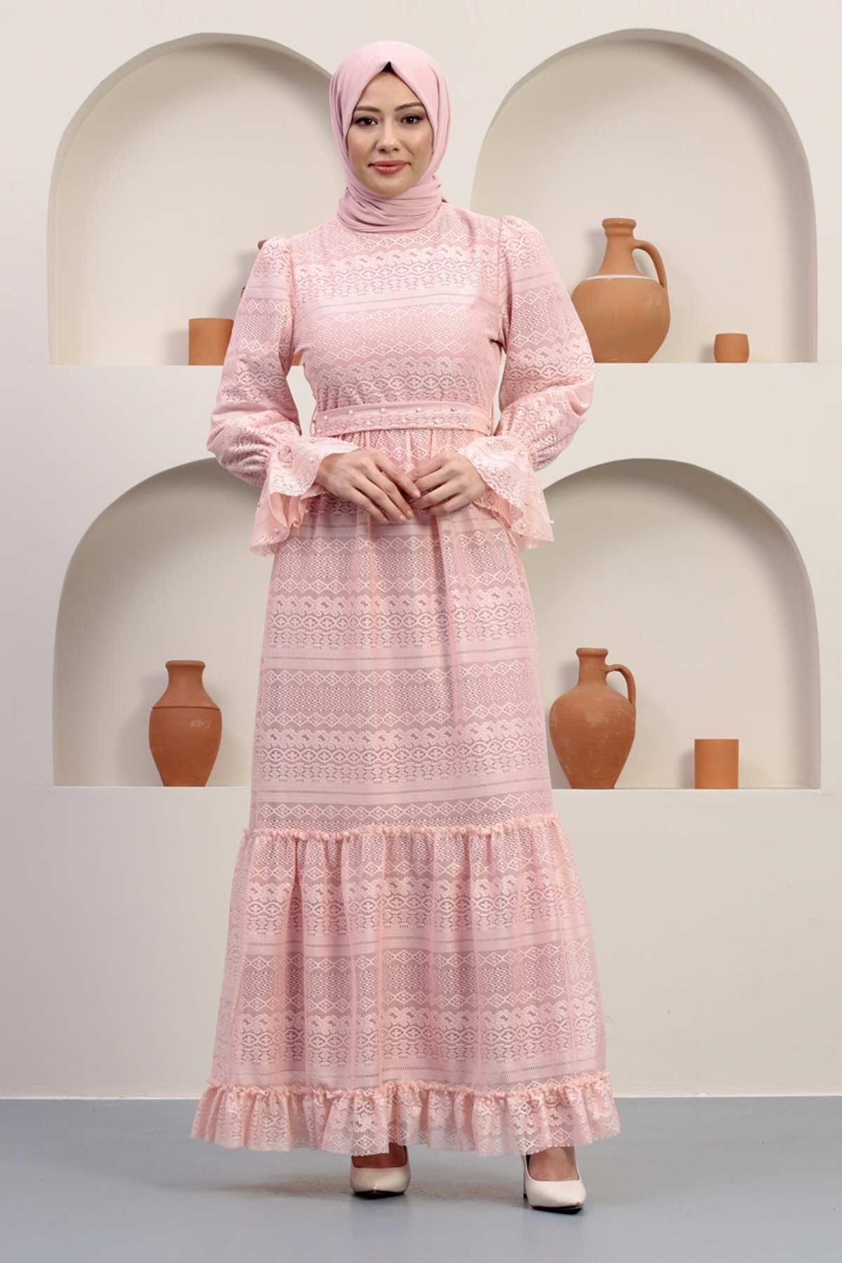Modest Lace Pearl-Detail Evening Dress - Dusty Pink - Modamihram