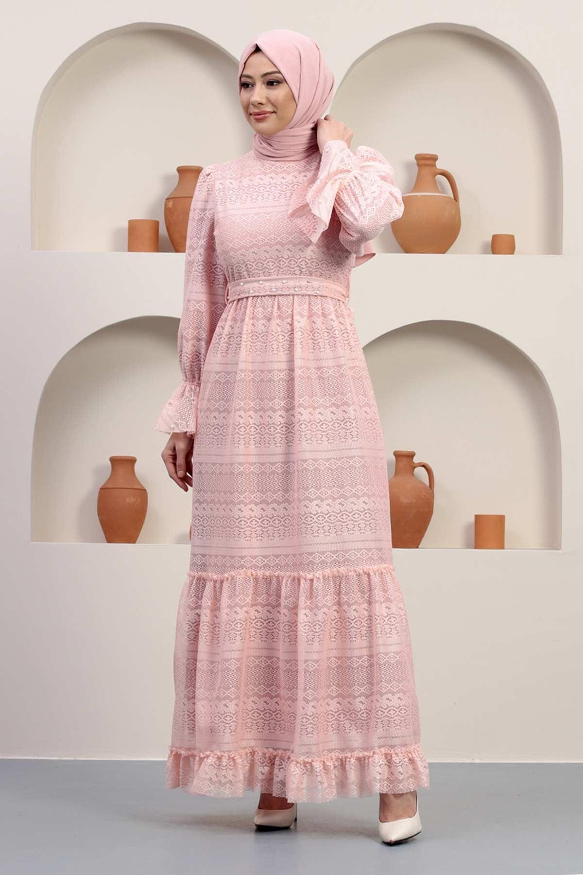 Modest Lace Pearl-Detail Evening Dress - Dusty Pink - Modamihram