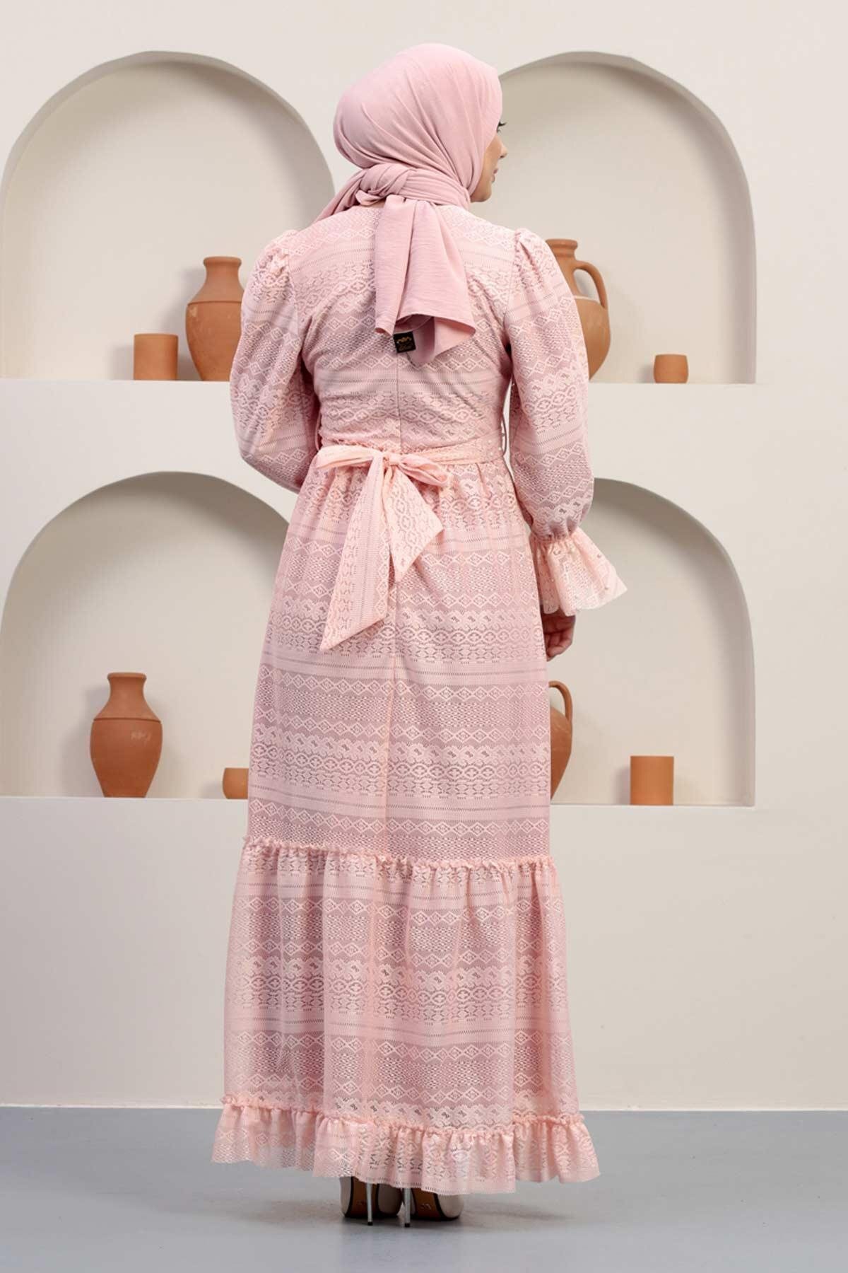 Modest Lace Pearl-Detail Evening Dress - Dusty Pink - Modamihram