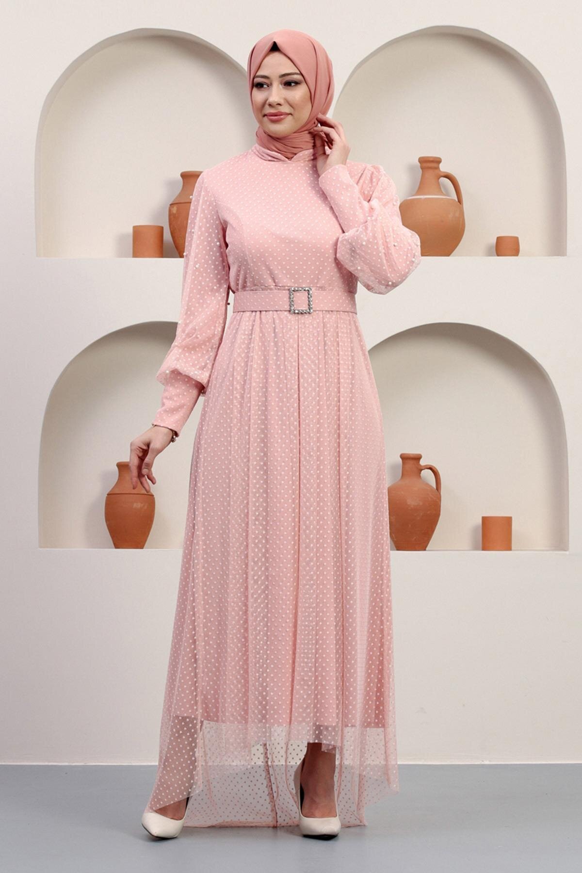 فستان سهرة محتشم بودرة تول مرصع بالأحجار مع حزام - Modamihram