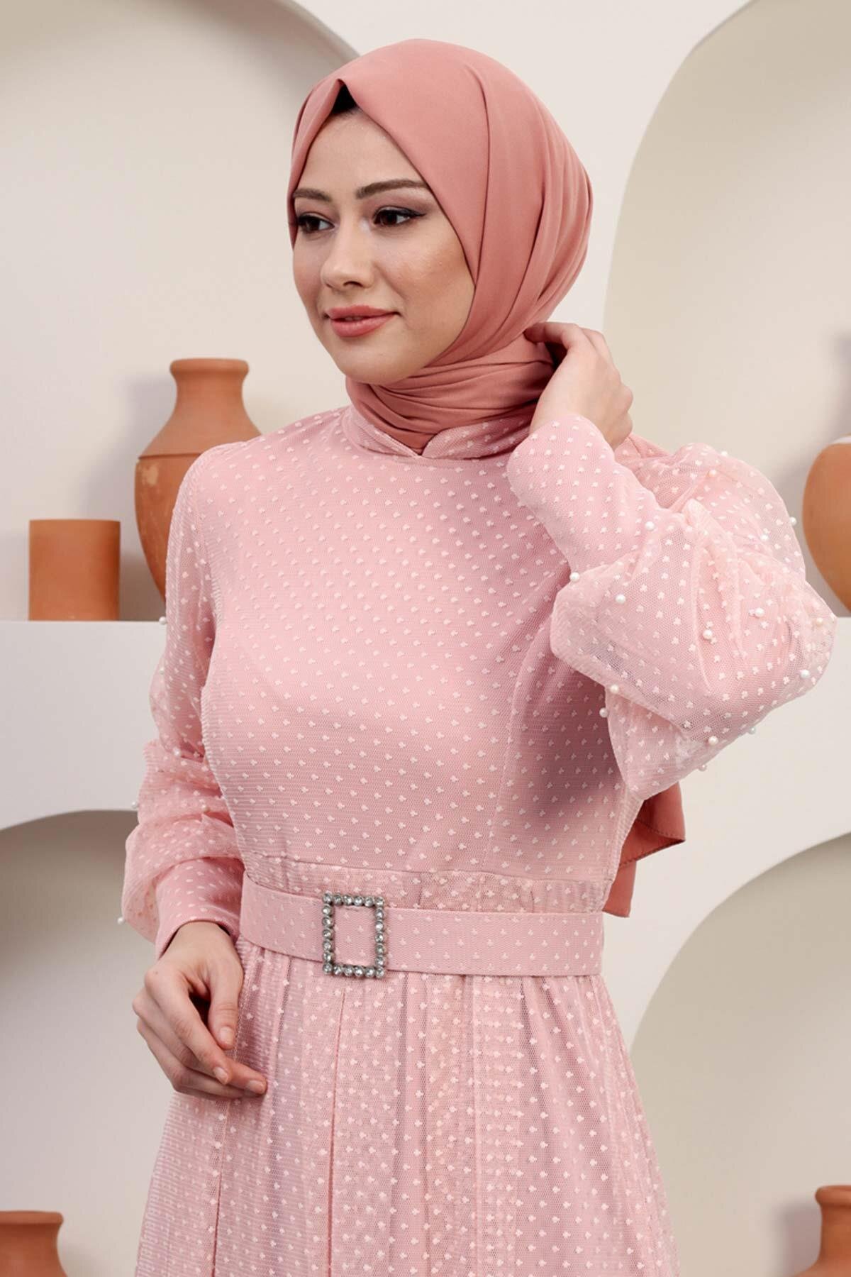Modest Tulle Stone-Detail Belted Evening Dress - Powder Pink - Modamihram