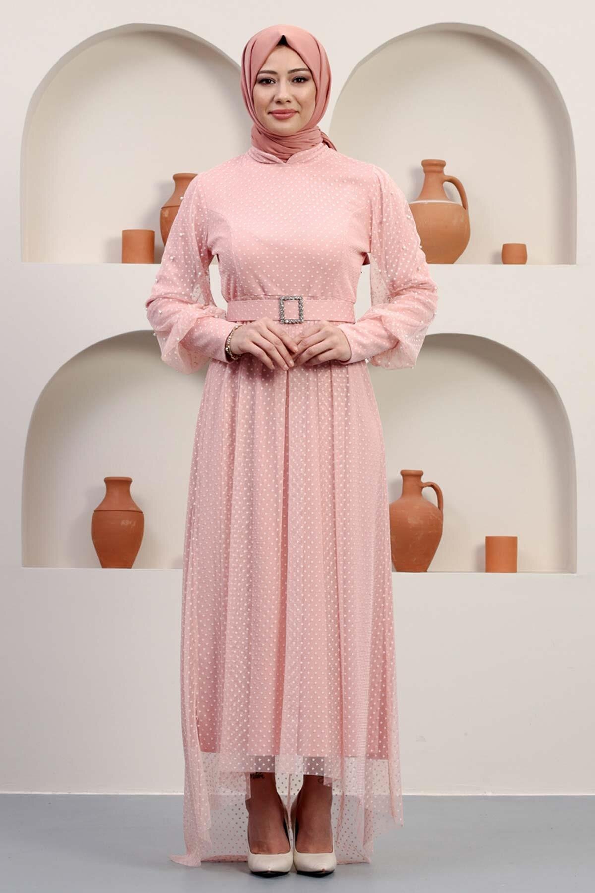 Modest Tulle Stone-Detail Belted Evening Dress - Powder Pink - Modamihram