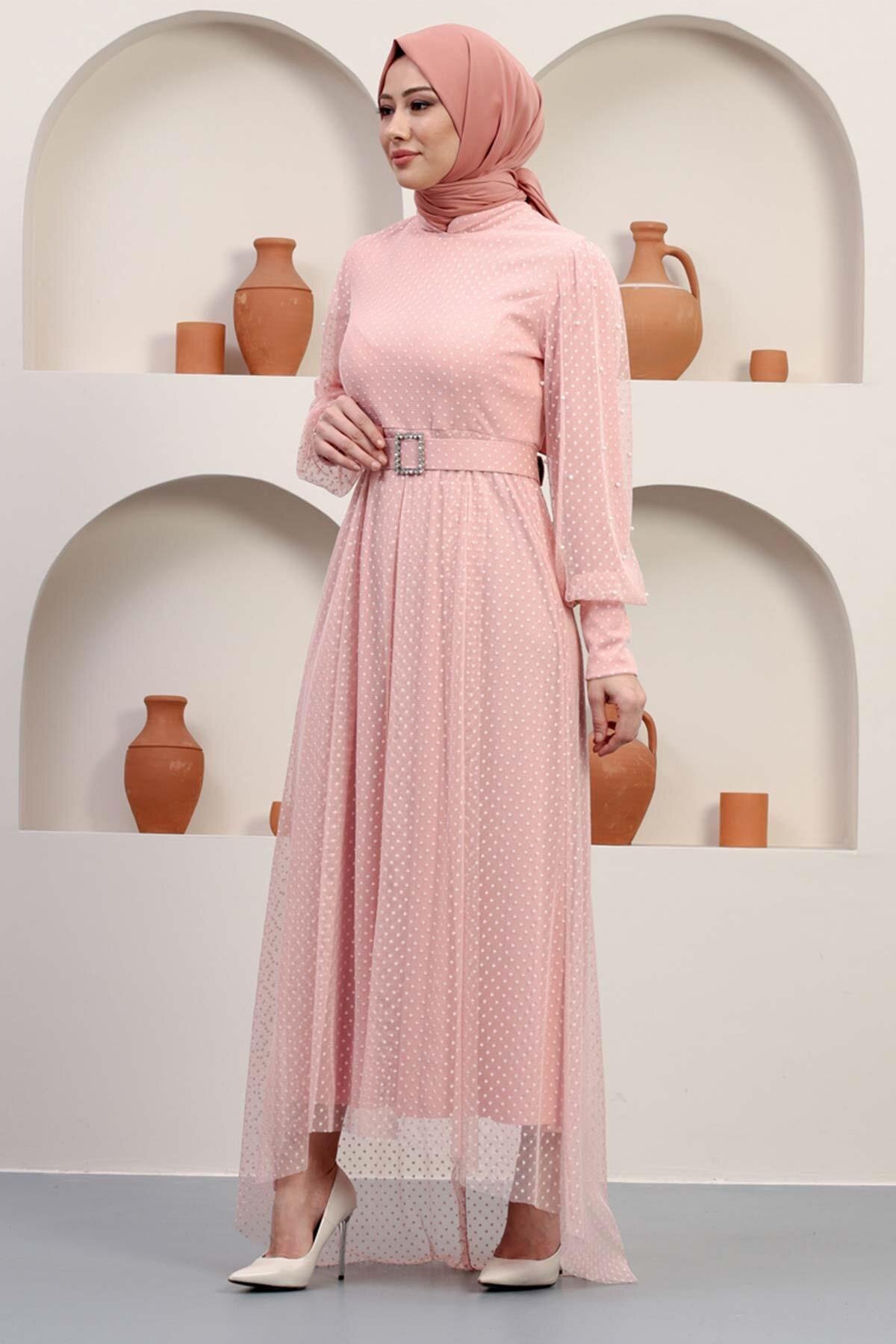 Modest Tulle Stone-Detail Belted Evening Dress - Powder Pink - Modamihram