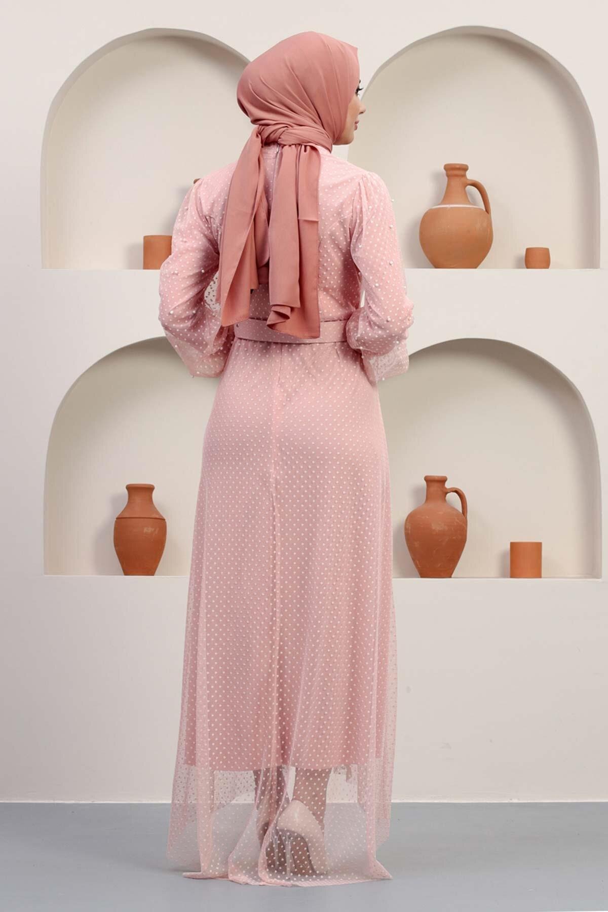 Modest Tulle Stone-Detail Belted Evening Dress - Powder Pink - Modamihram