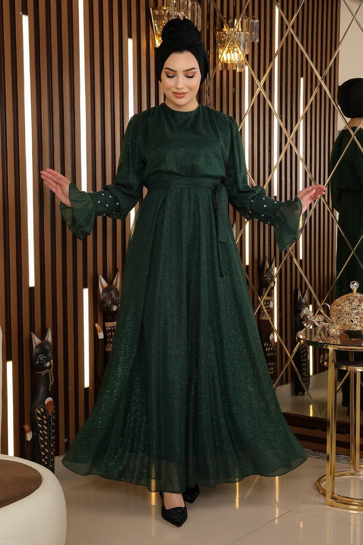 Simli Şifon Zümrüt Taş Detaylı Tesettür Abiye Elbise - Modamihram