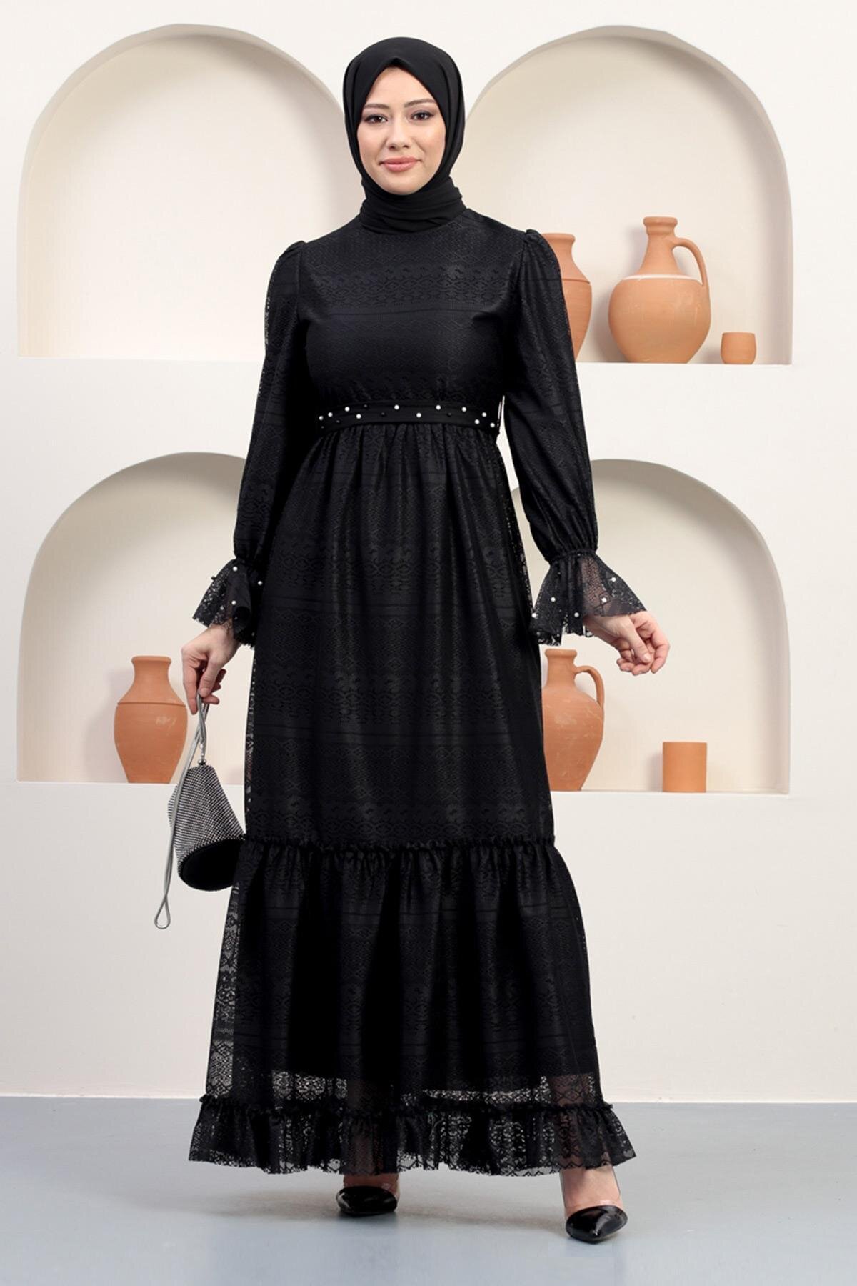 Siyah Dantel İnci Detaylı Tesettür Abiye Elbise - Modamihram