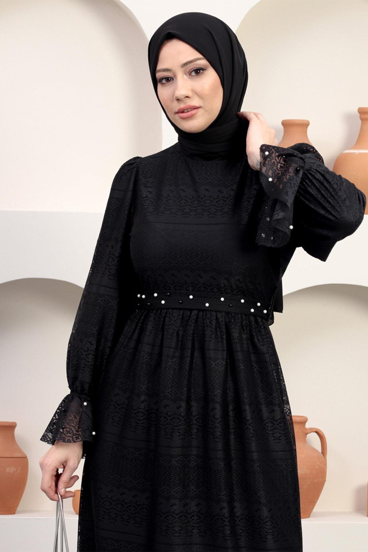 Lace Pearl-Detail Modest Evening Dress - Black - Modamihram