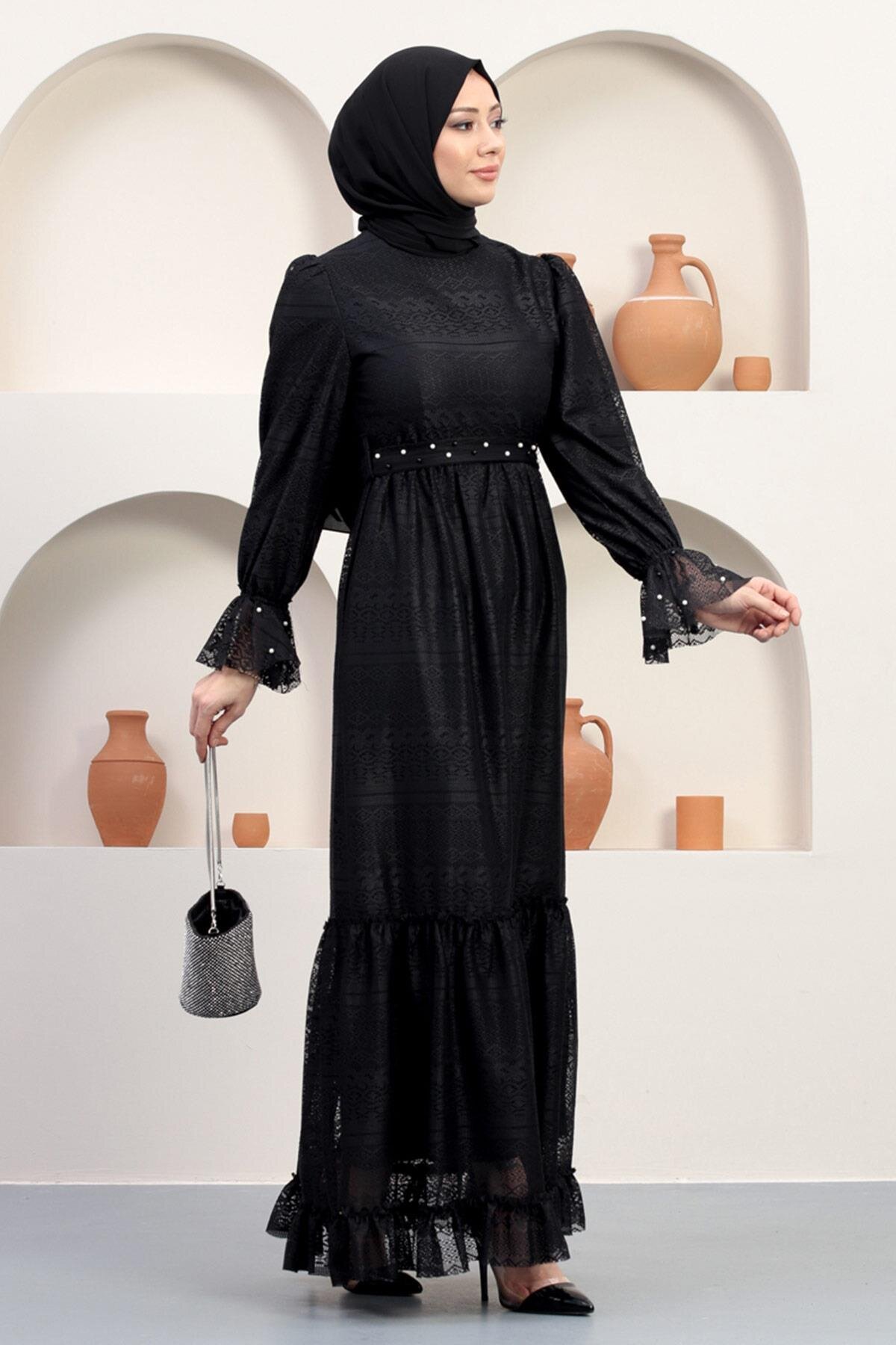 Lace Pearl-Detail Modest Evening Dress - Black - Modamihram