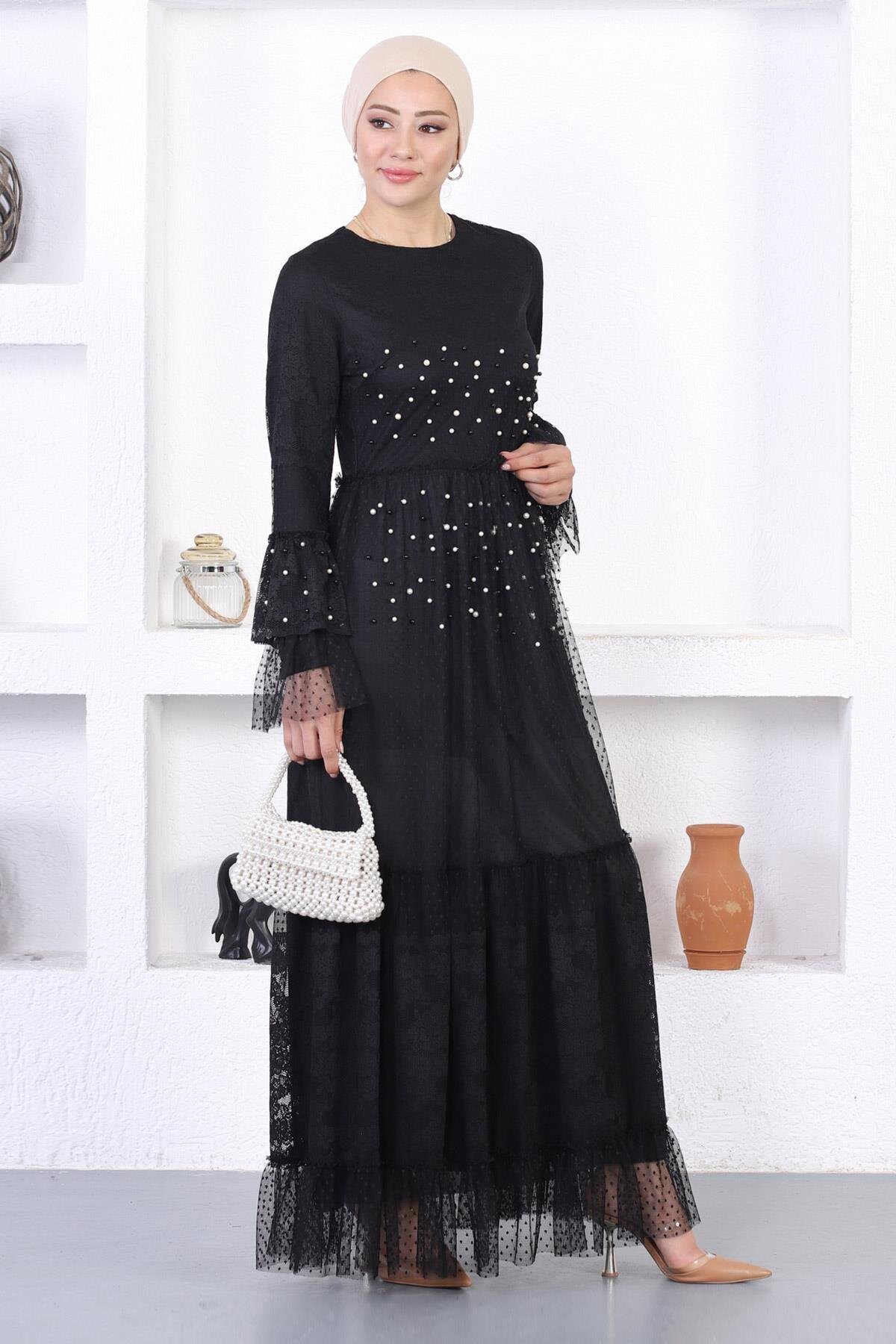 Modest Lace Pearly Ruffle-Sleeve Evening Dress - Black - Modamihram
