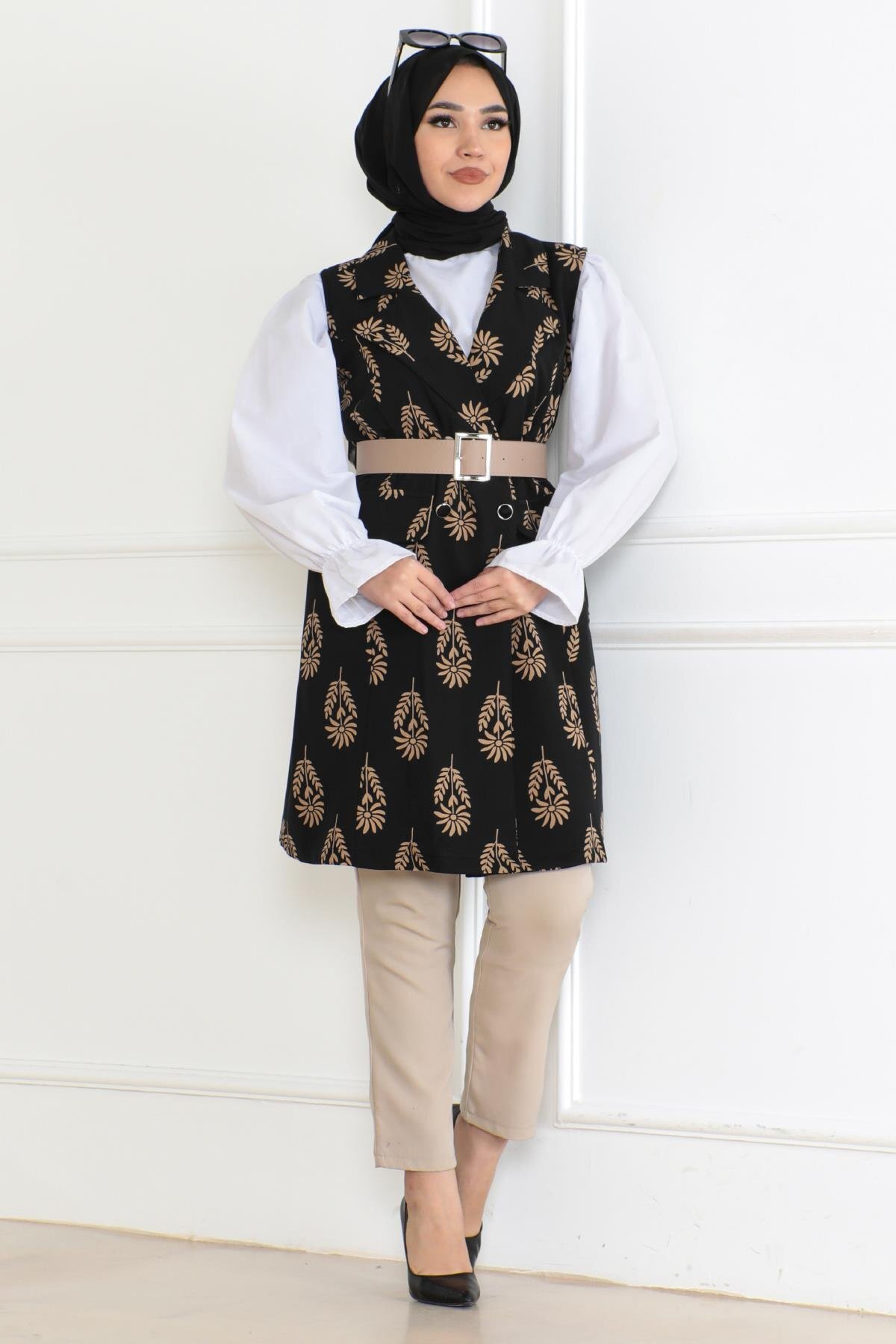 Modest Patterned Jacket - Black - Modamihram