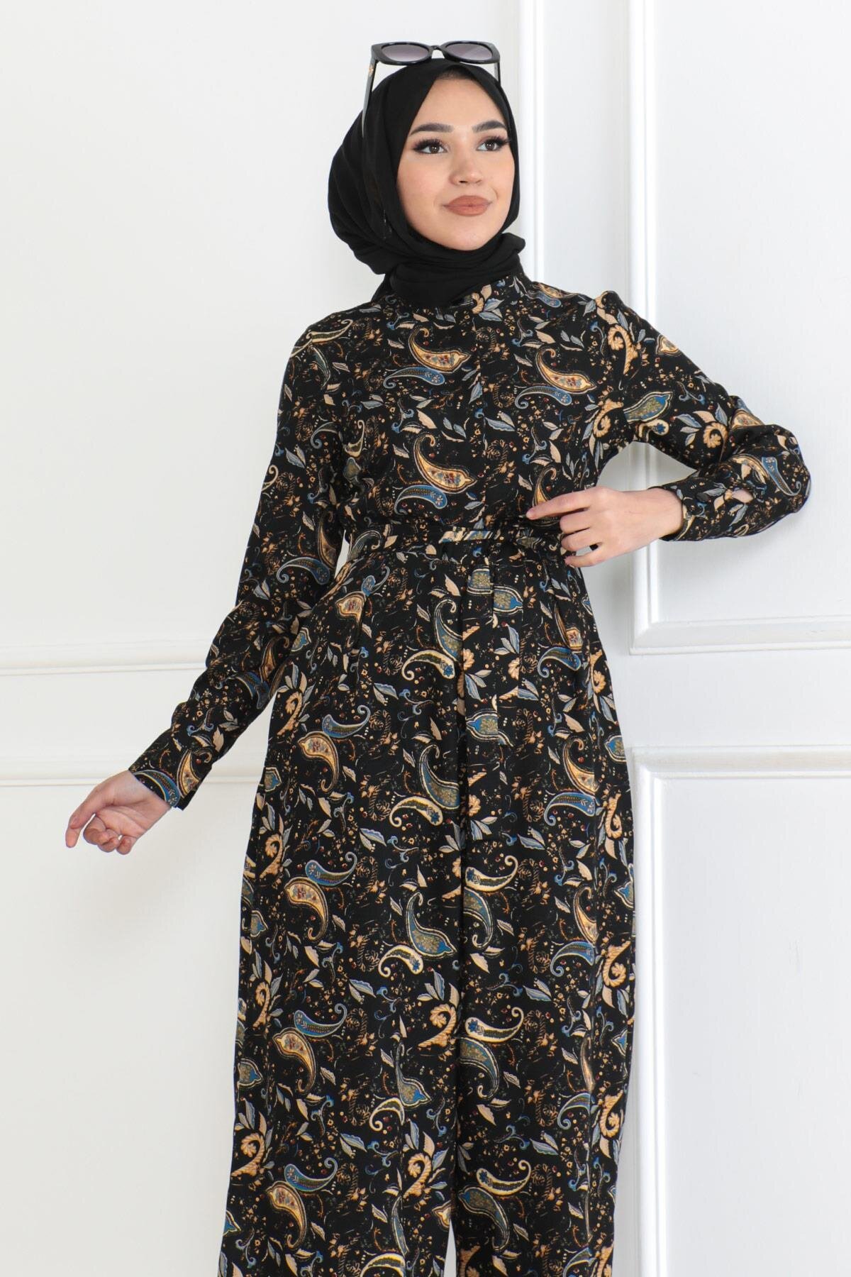 Patterned Modest Jumpsuit Dress - Black - Modamihram