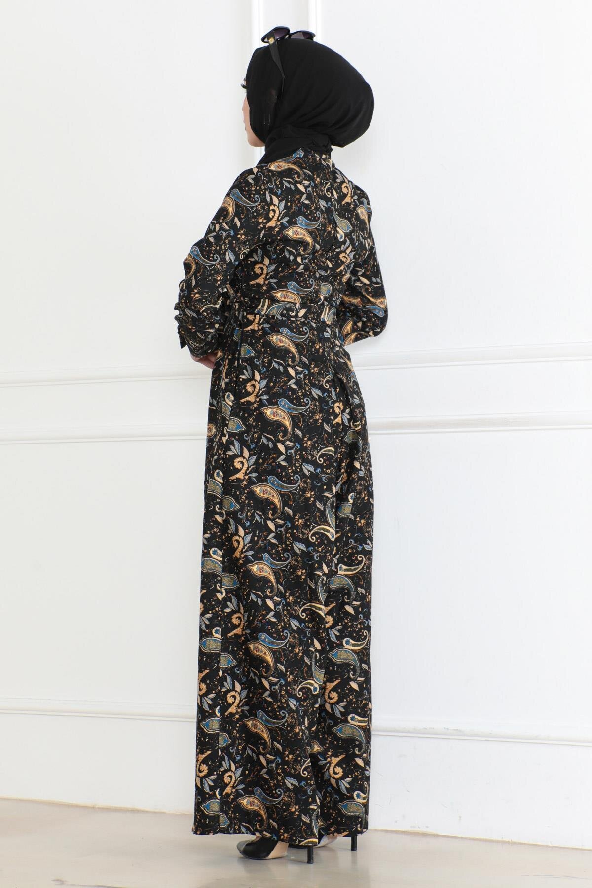 Patterned Modest Jumpsuit Dress - Black - Modamihram