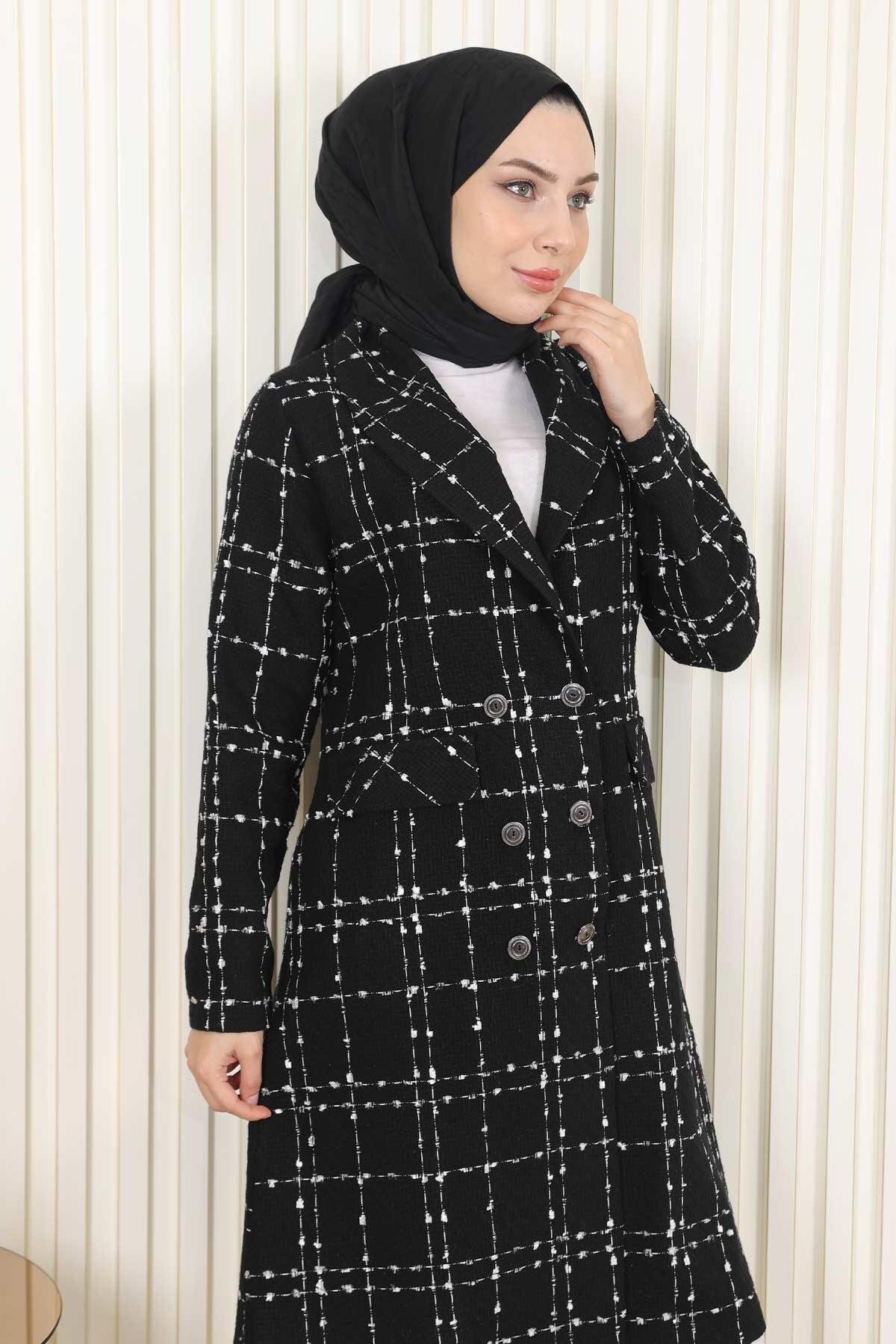 Buttoned Wide Collar Melton Winter Coat - Black - Modamihram