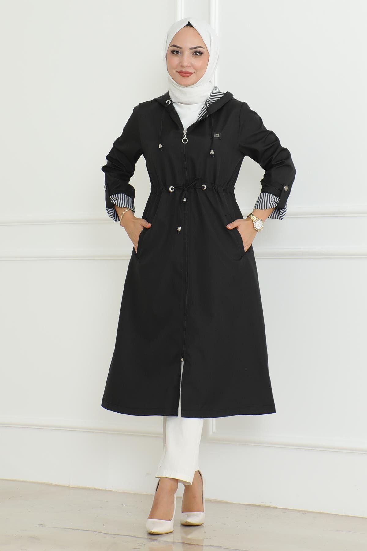 Siyah Kapşonlu Fermuarlı Trençkot - Modamihram