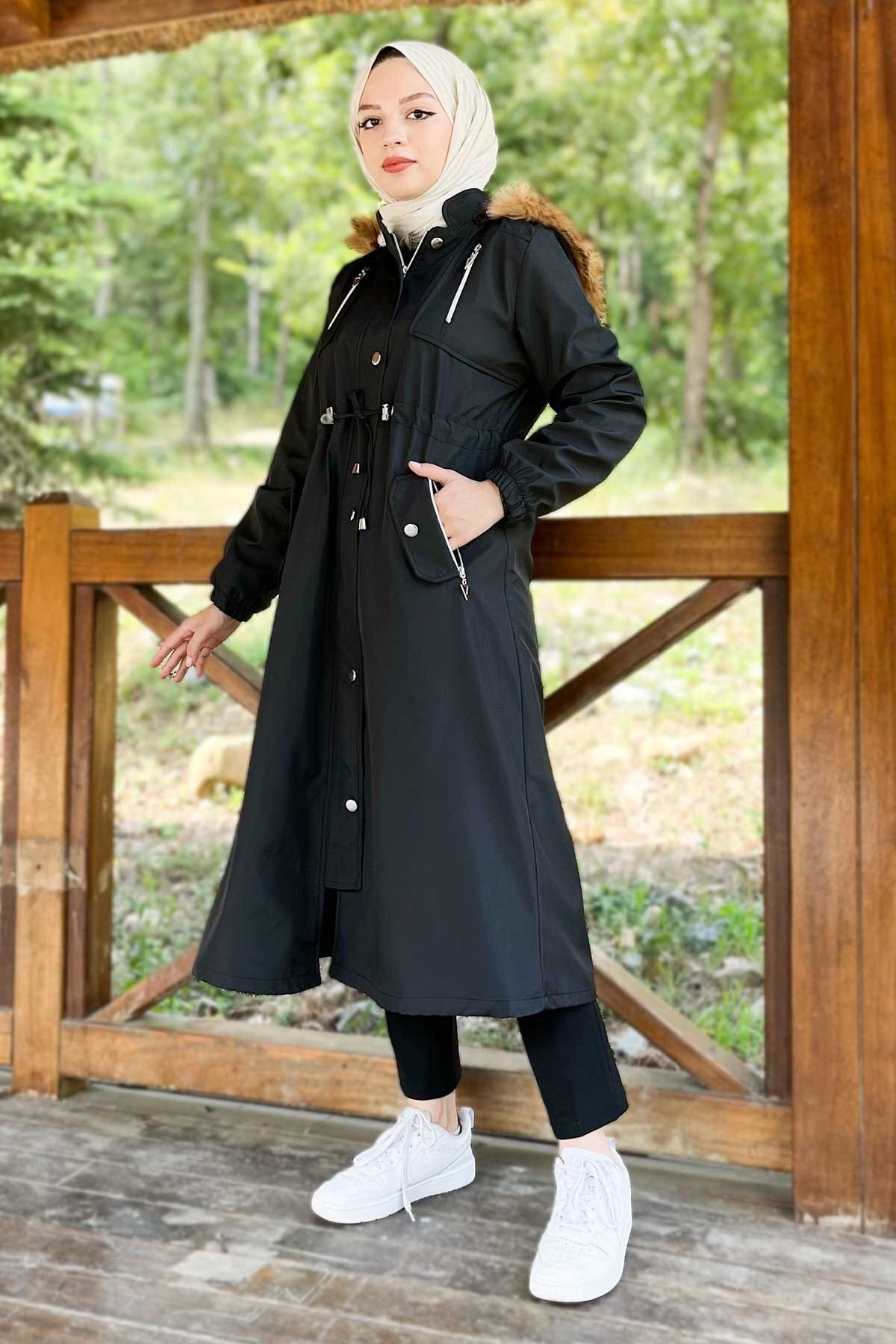 Hooded Zip-Up Coat - Black - Modamihram