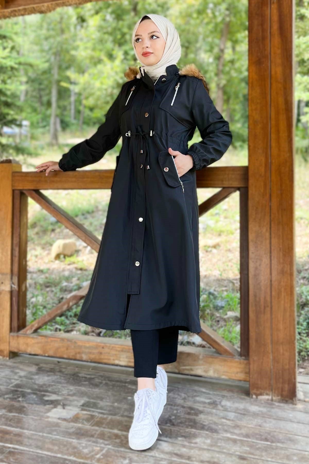 Hooded Zip-Up Coat - Black - Modamihram