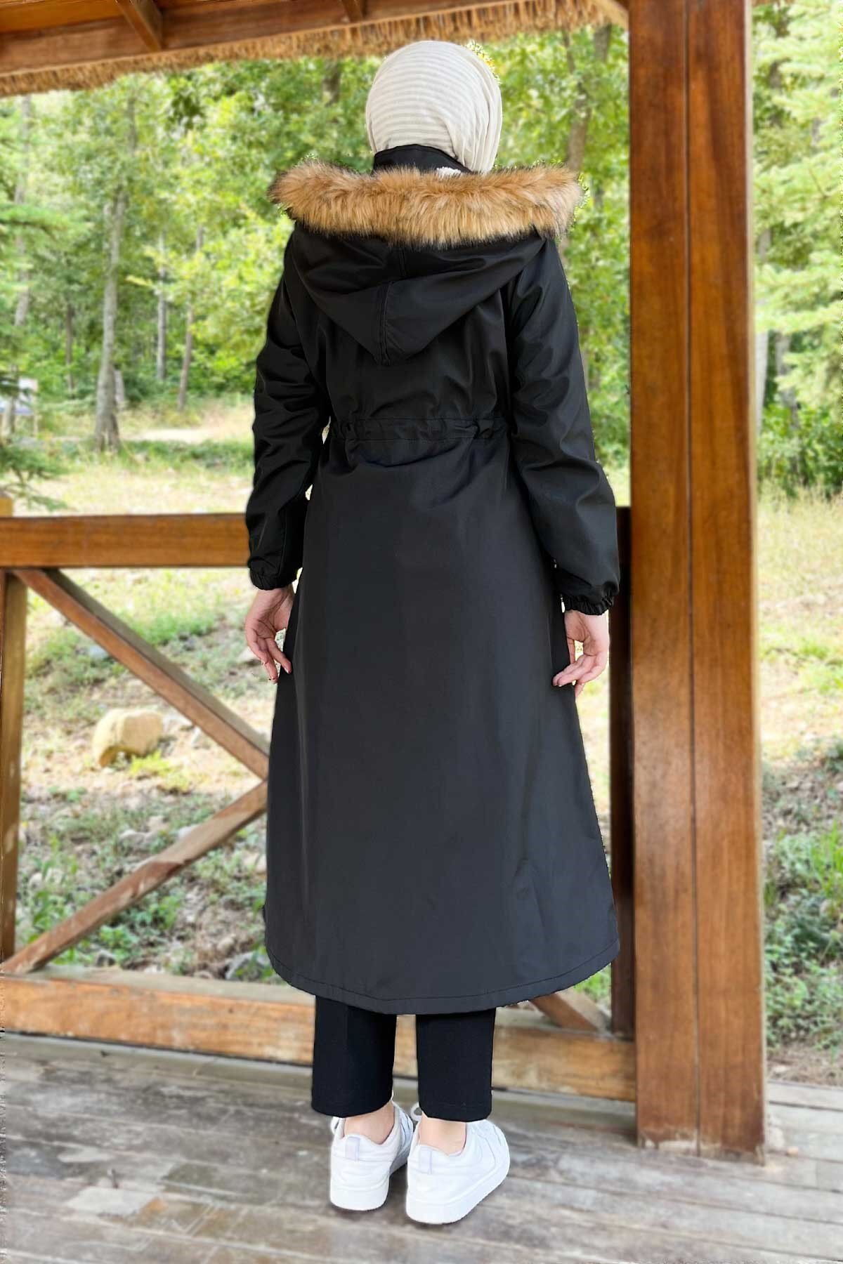 Hooded Zip-Up Coat - Black - Modamihram
