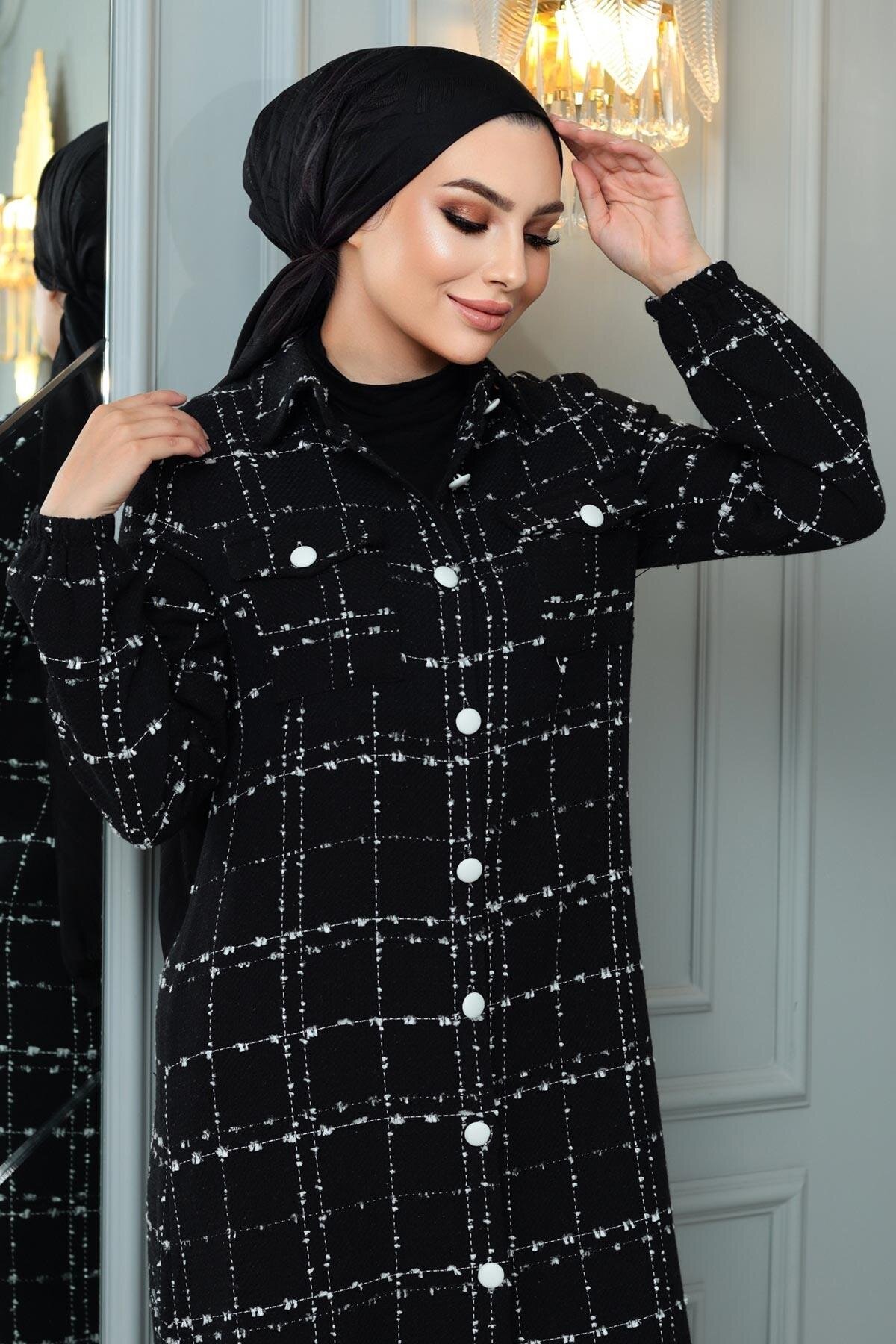 Felted Button-Detail Winter Coat - Black - Modamihram