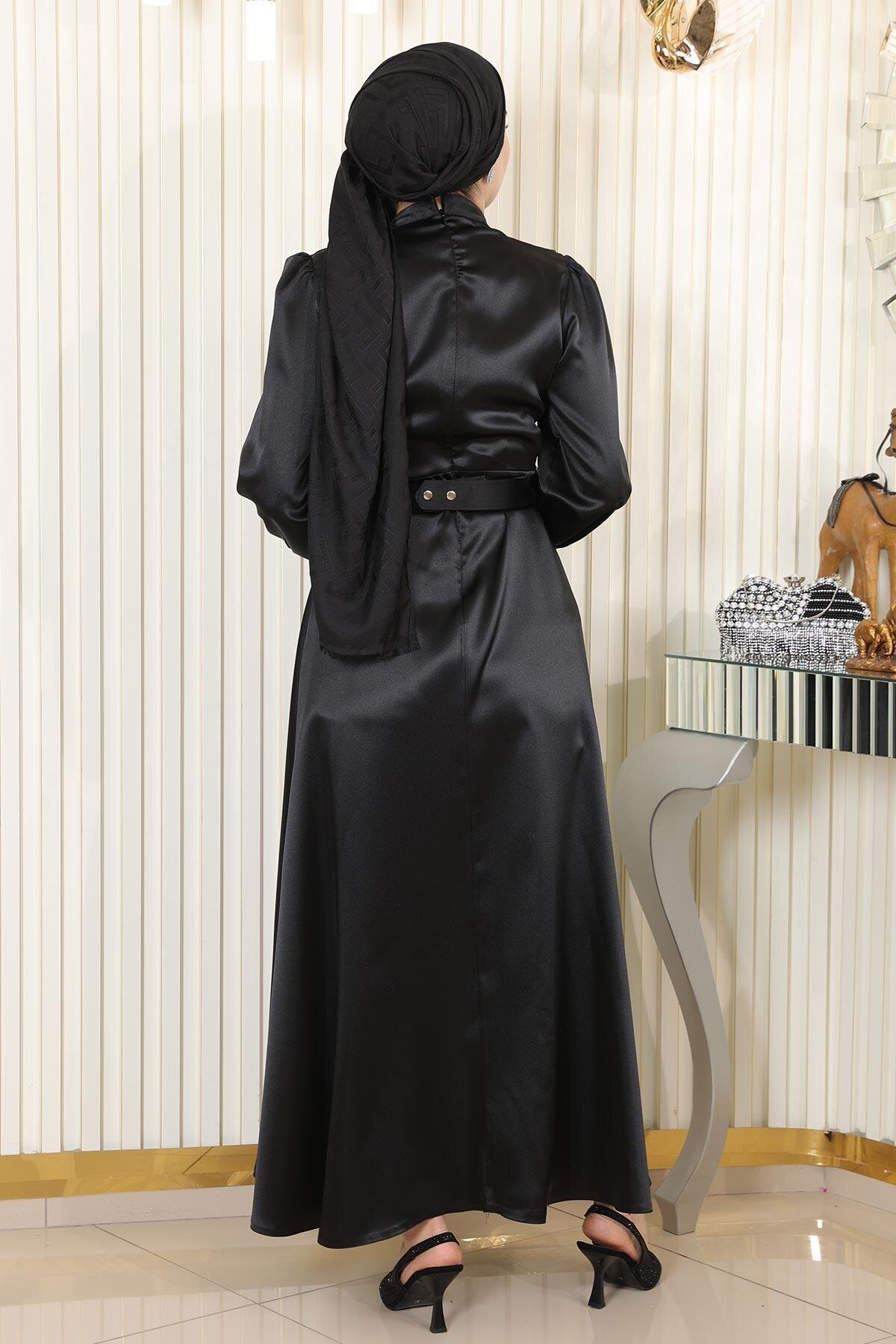 Modest Draped Satin Evening Dress - Black - Modamihram