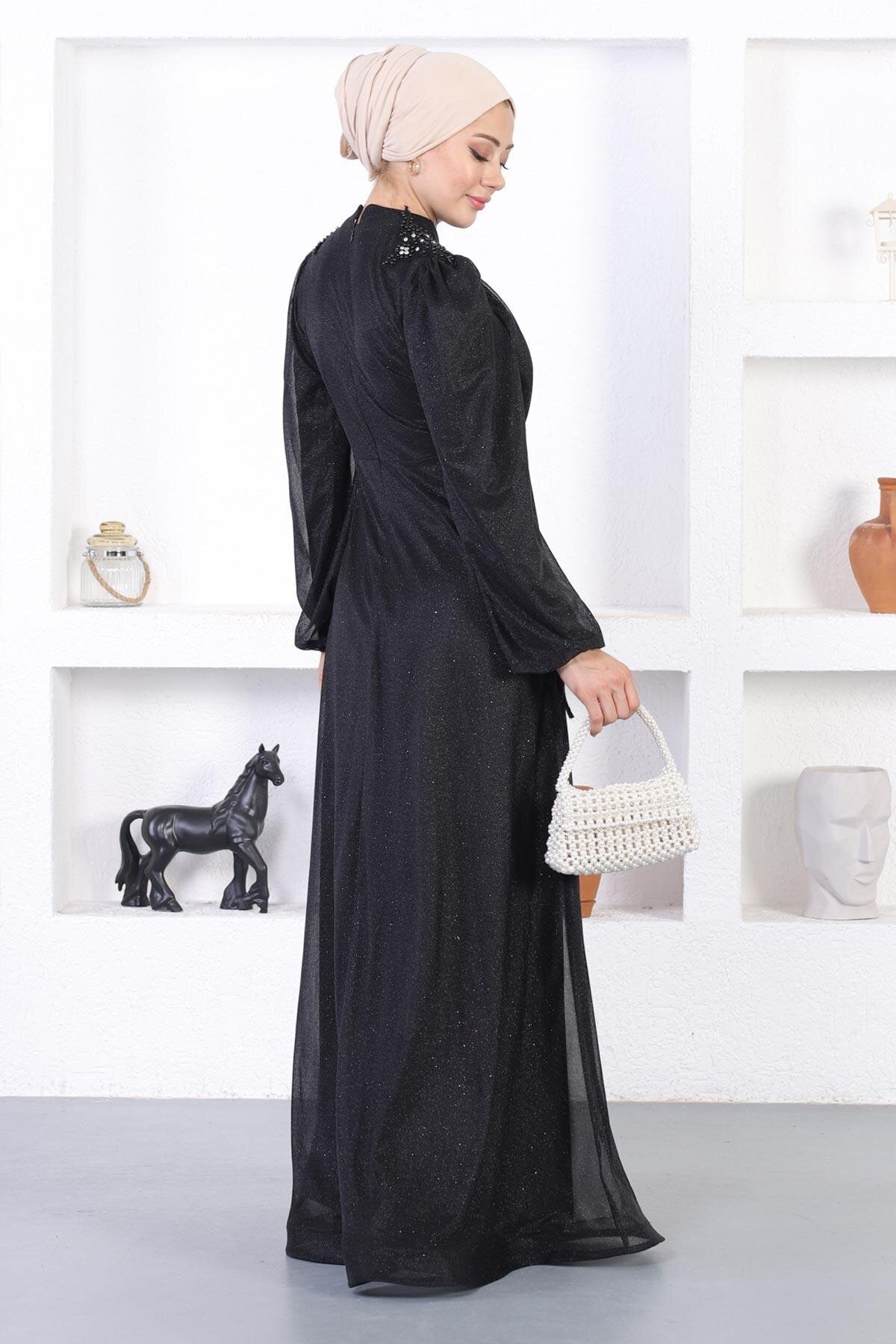 فستان سهرة محتشم أسود لامع دانتيل لؤلؤ - Modamihram
