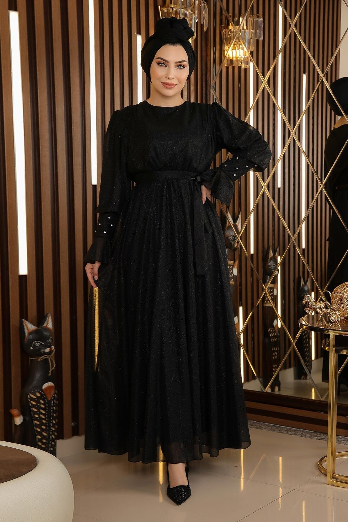 Siyah Simli Şifon Taş Detaylı Tesettür Abiye Elbise - Modamihram