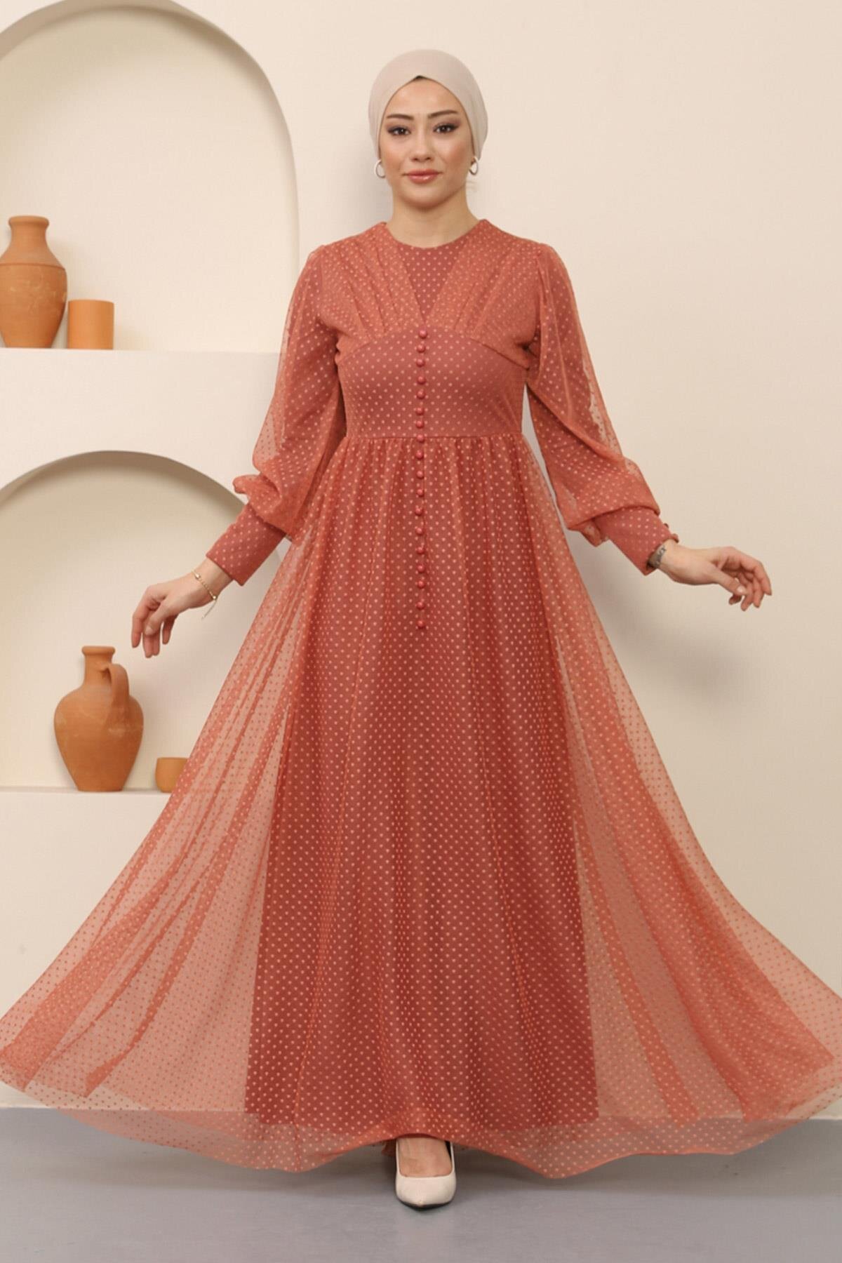 Somon Tesettür Düğme Detaylı Tül Abiye Elbise - Modamihram