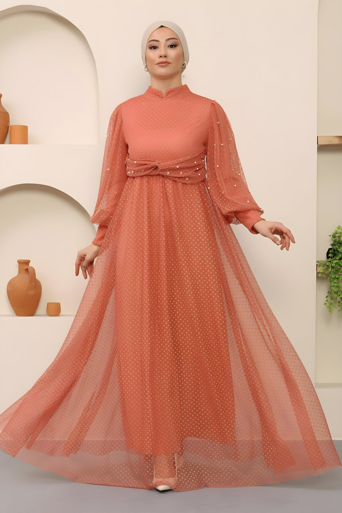 Modest Tulle Pearl-Detailed Evening Dress - Salmon - Modamihram