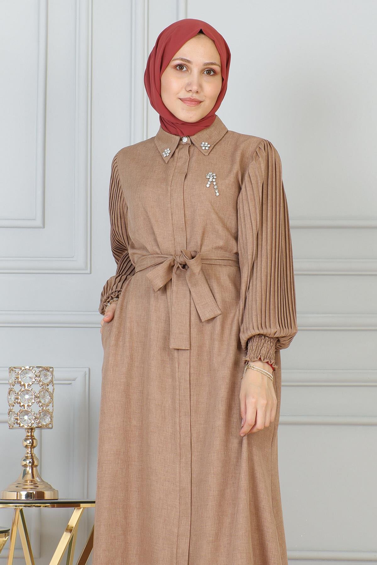 Zippered Stone-Detail Abaya - Tan - Modamihram