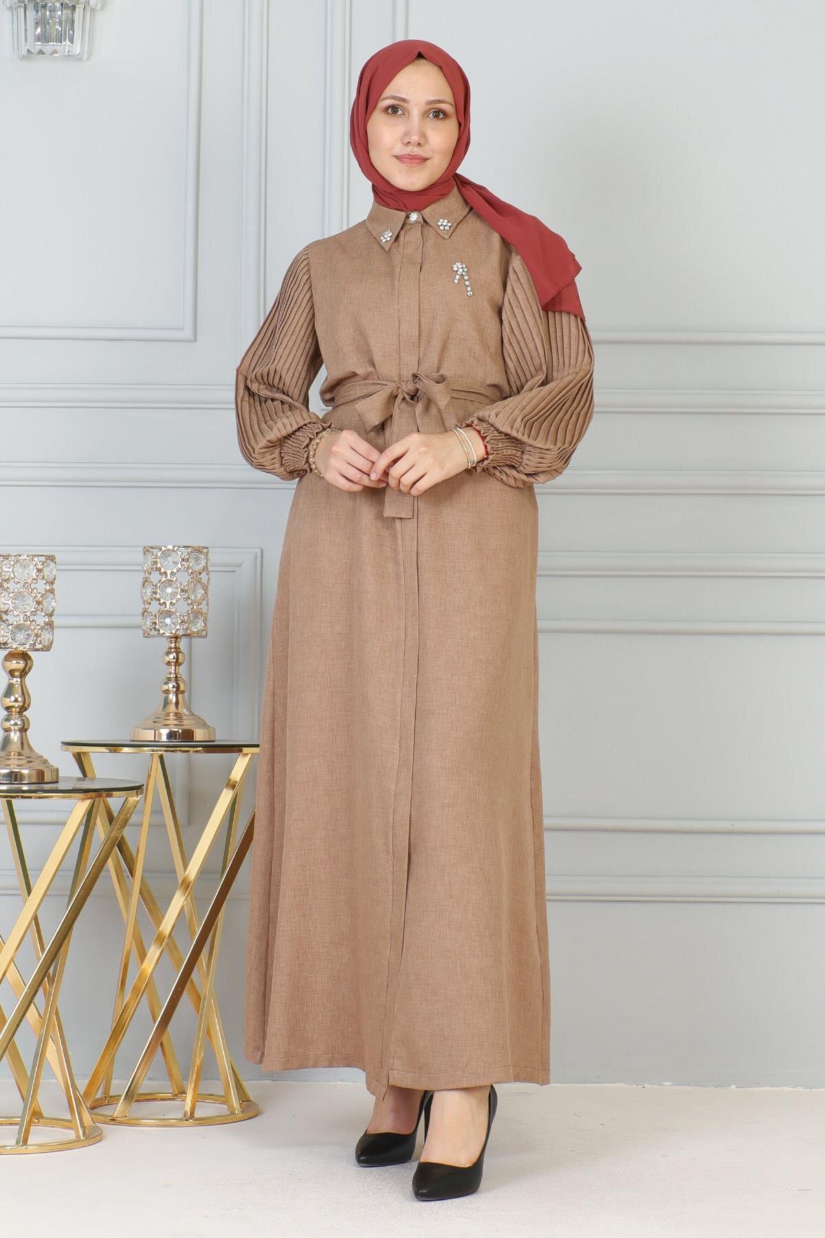 Zippered Stone-Detail Abaya - Tan - Modamihram