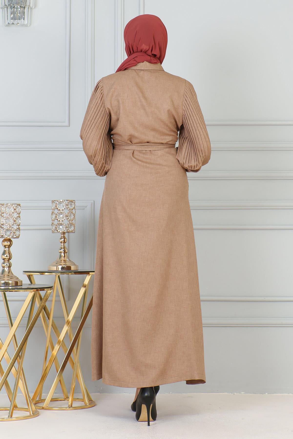 Zippered Stone-Detail Abaya - Tan - Modamihram