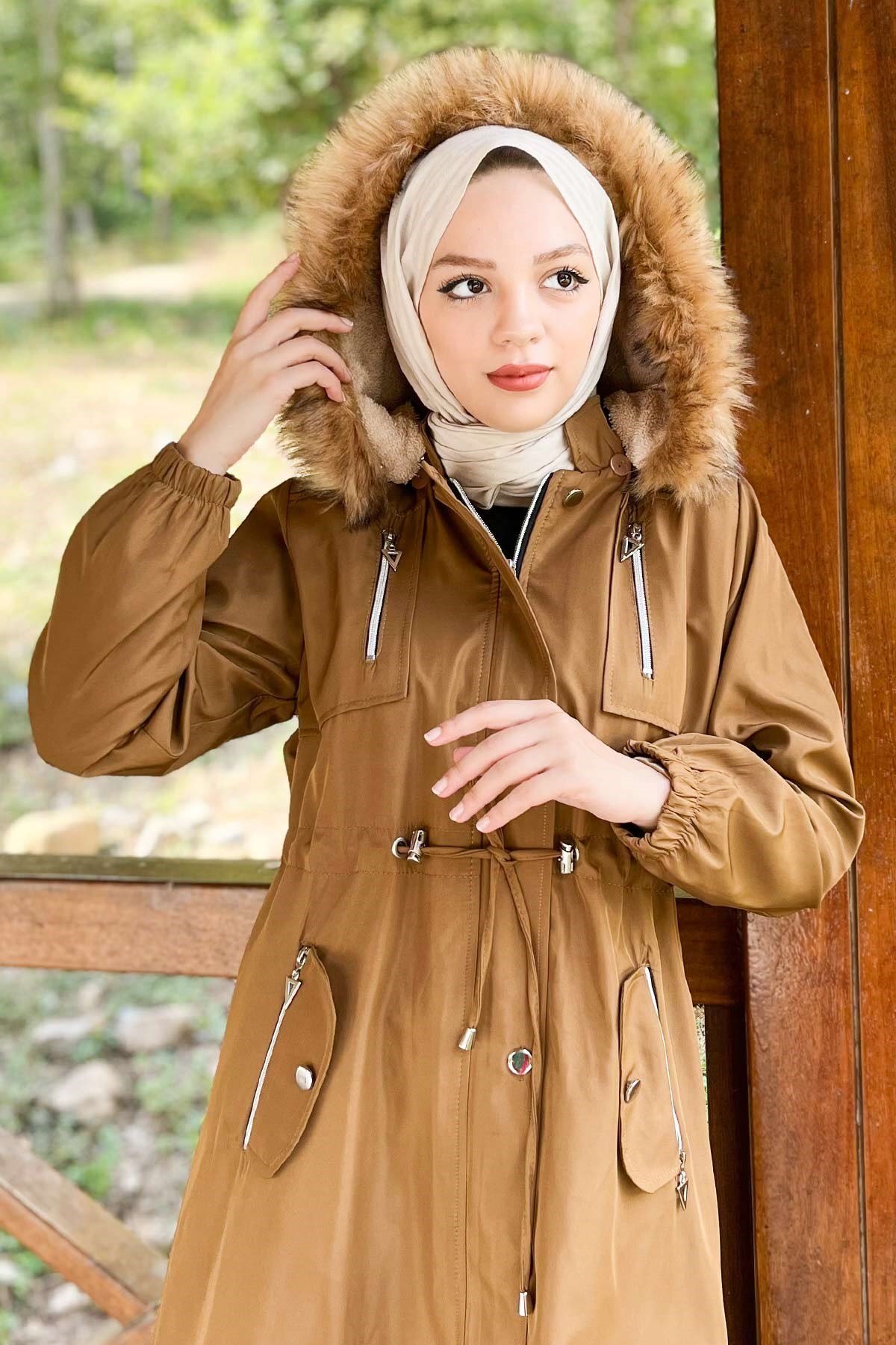 Hooded Zippered Coat - Tan - Modamihram
