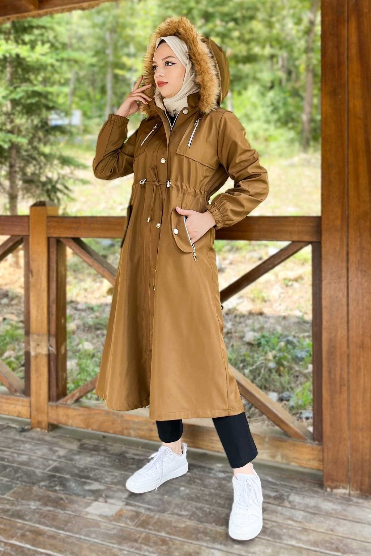 Hooded Zippered Coat - Tan - Modamihram