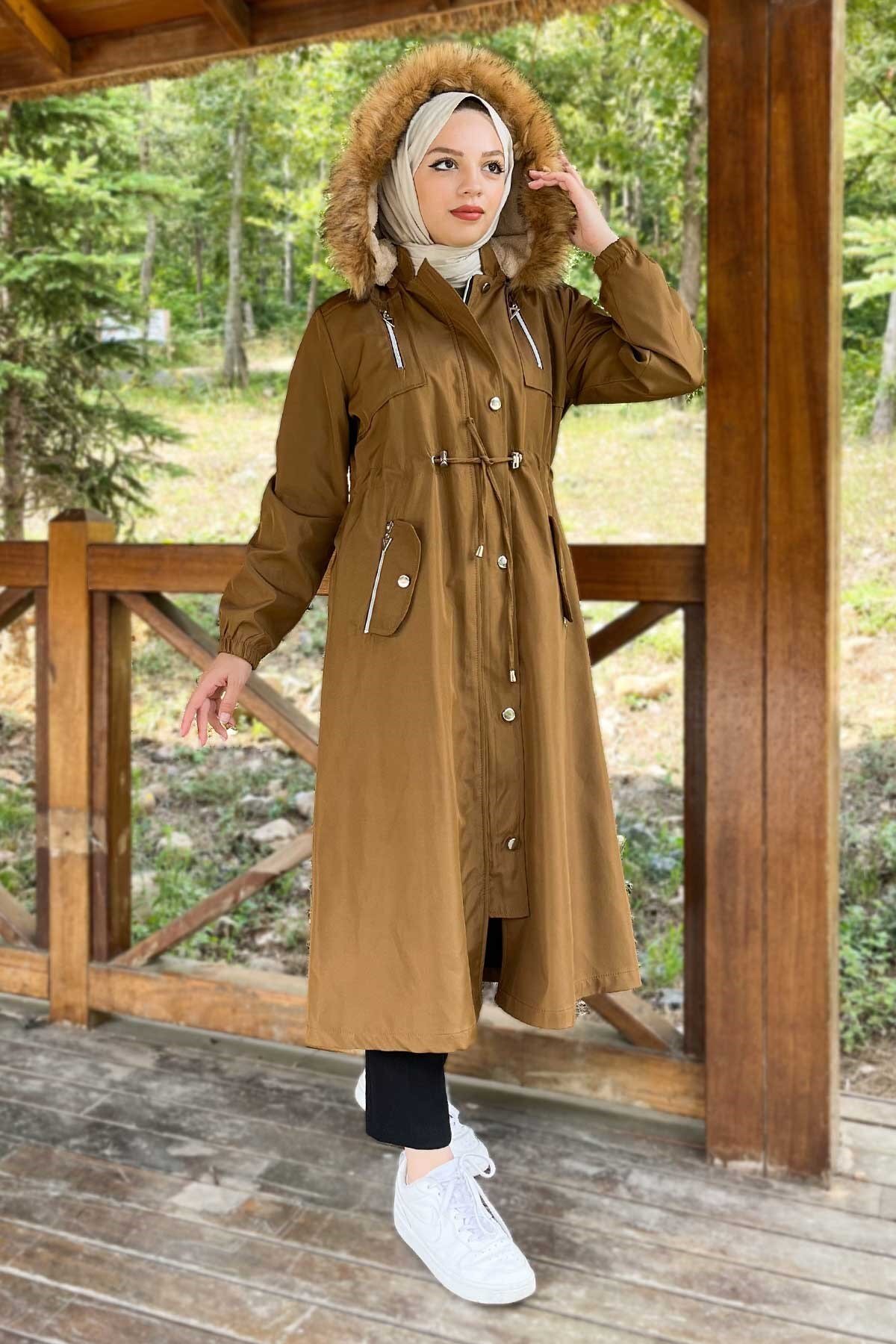 Hooded Zippered Coat - Tan - Modamihram