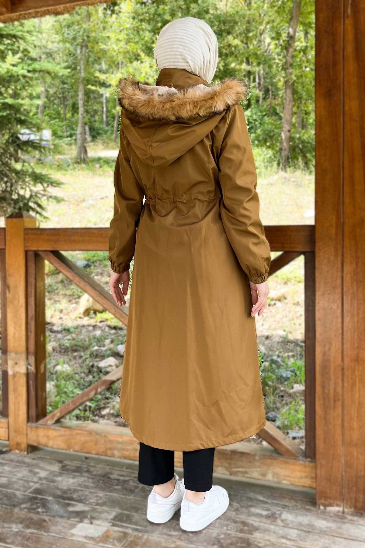 Hooded Zippered Coat - Tan - Modamihram
